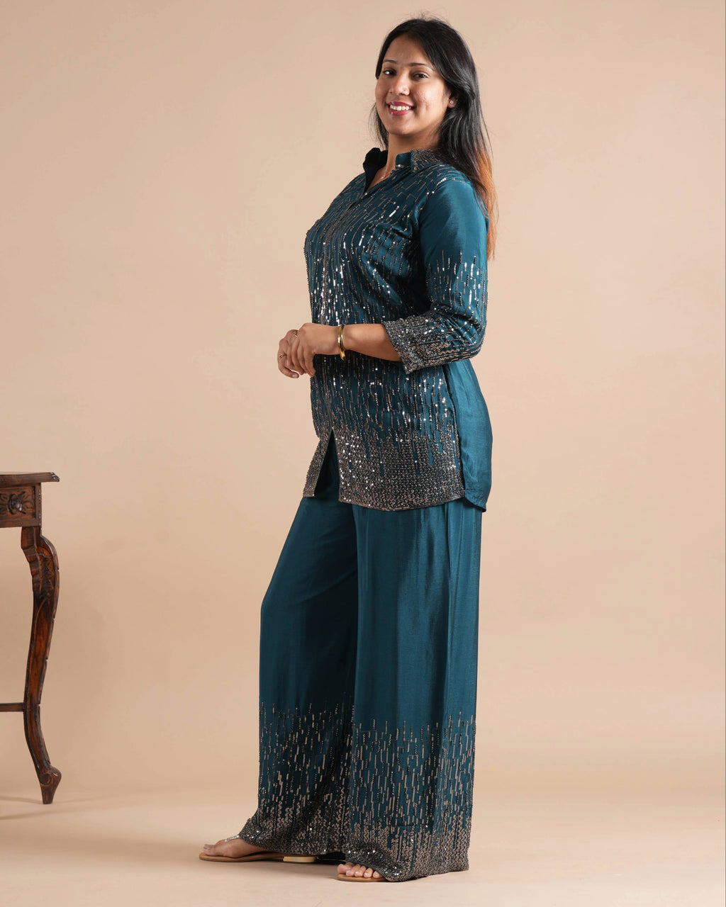 Noorva's Chinon Sequins Work Co-ord Set | Glitter Ombre Sequin Shirt Kurta with Wide Leg Plazzo | 2-Piece Party Wear Ethnic Coord Set | Cocktail, Wedding & Festive Night Outfit for Women
