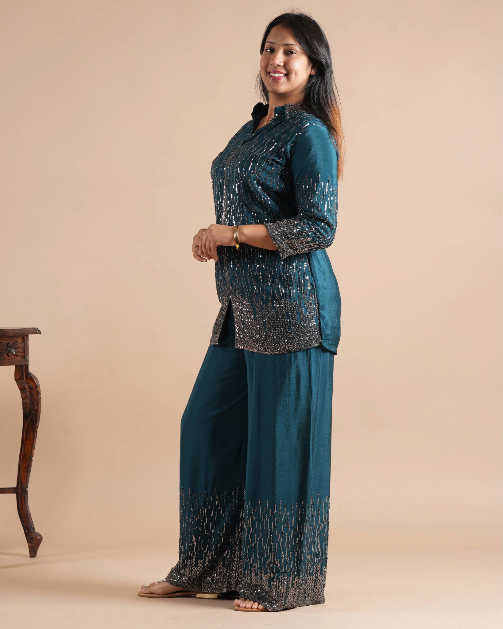 Noorva's Chinon Sequins Work Co-ord Set | Glitter Ombre Sequin Shirt Kurta with Wide Leg Plazzo | 2-Piece Party Wear Ethnic Coord Set | Cocktail, Wedding & Festive Night Outfit for Women