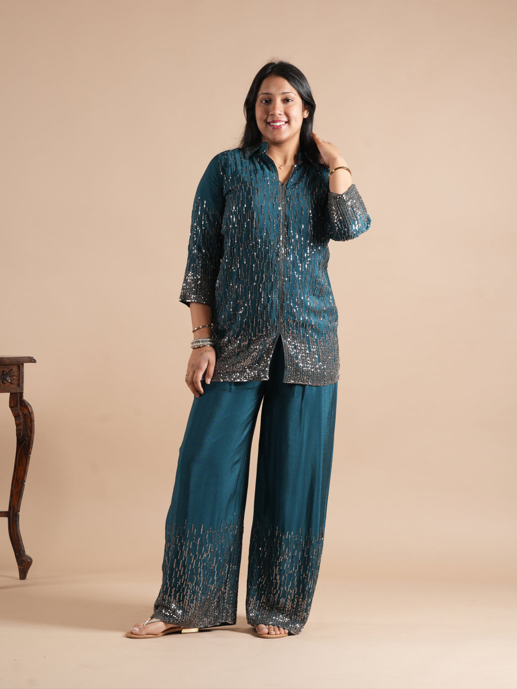 Noorva's Chinon Sequins Work Co-ord Set | Glitter Ombre Sequin Shirt Kurta with Wide Leg Plazzo | 2-Piece Party Wear Ethnic Coord Set | Cocktail, Wedding & Festive Night Outfit for Women