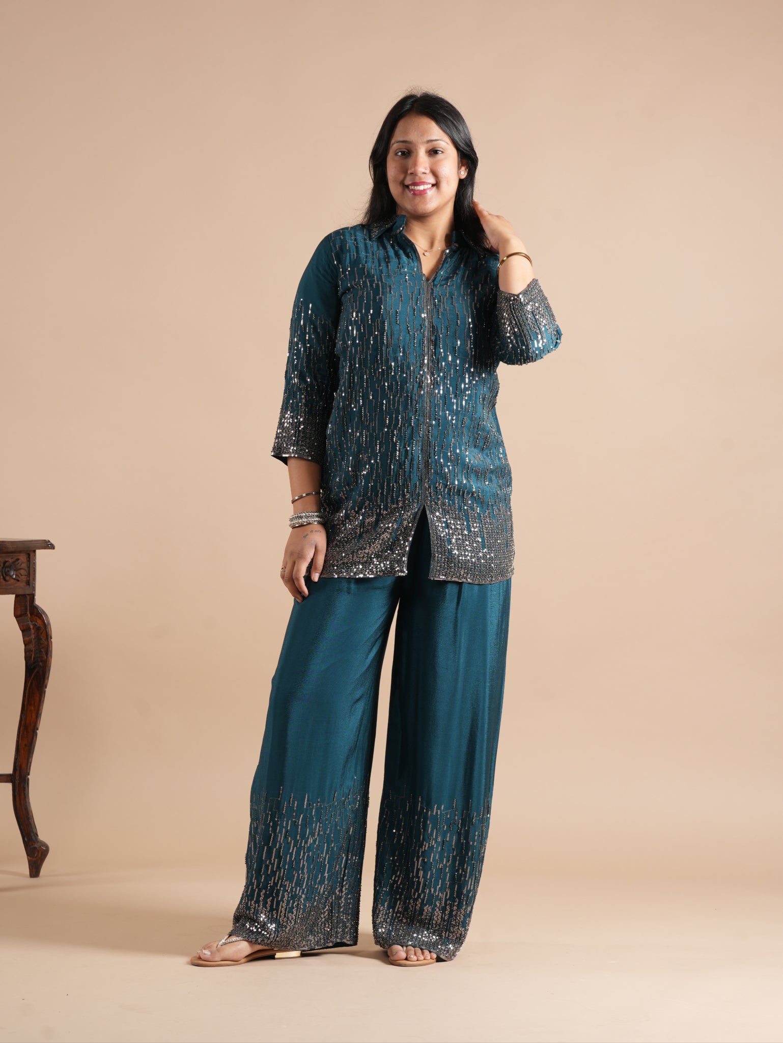 Noorva's Chinon Sequins Work Co-ord Set | Glitter Ombre Sequin Shirt Kurta with Wide Leg Plazzo | 2-Piece Party Wear Ethnic Coord Set | Cocktail, Wedding & Festive Night Outfit for Women