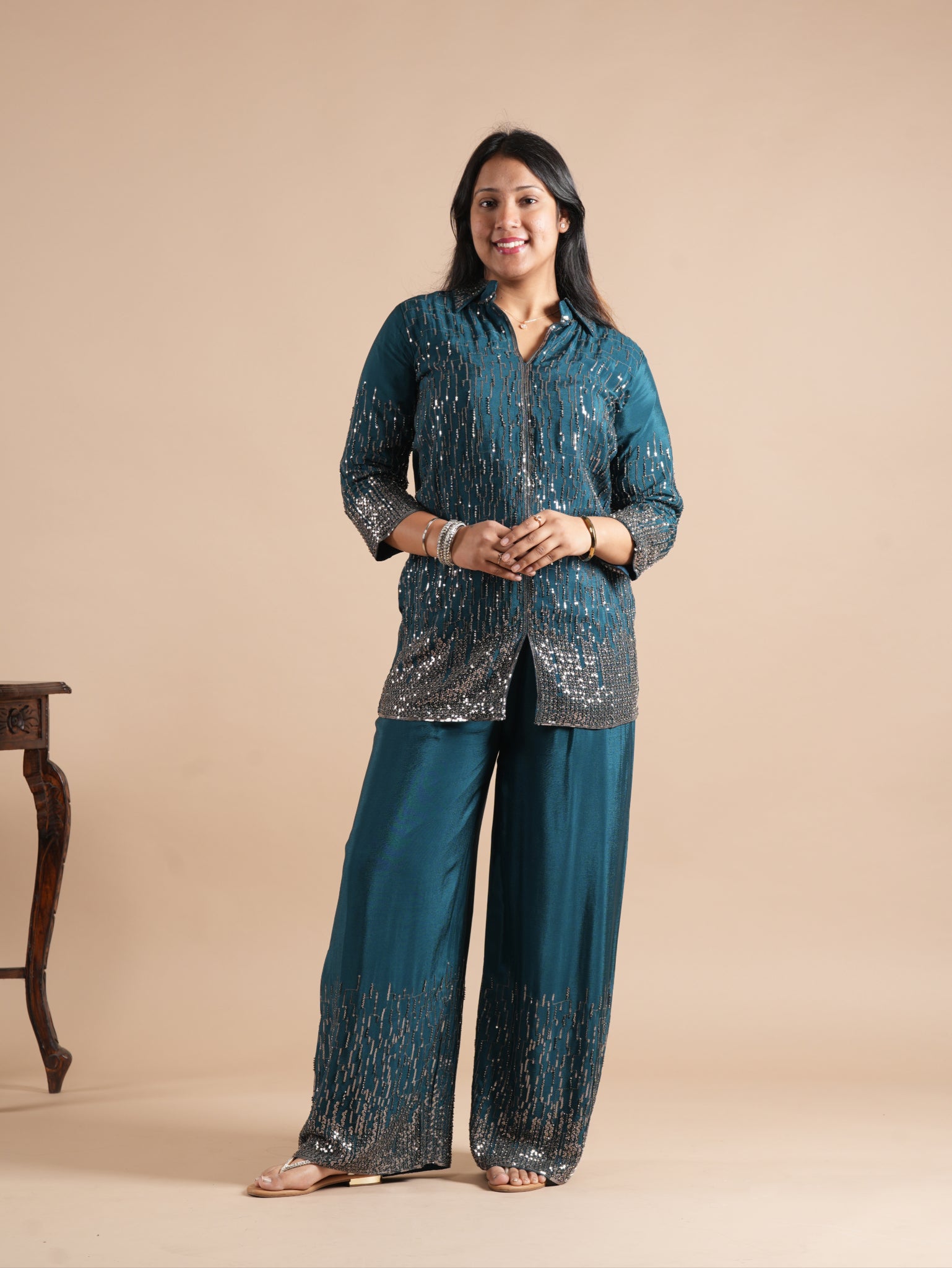 Noorva's Chinon Sequins Work Co-ord Set | Glitter Ombre Sequin Shirt Kurta with Wide Leg Plazzo | 2-Piece Party Wear Ethnic Coord Set | Cocktail, Wedding & Festive Night Outfit for Women