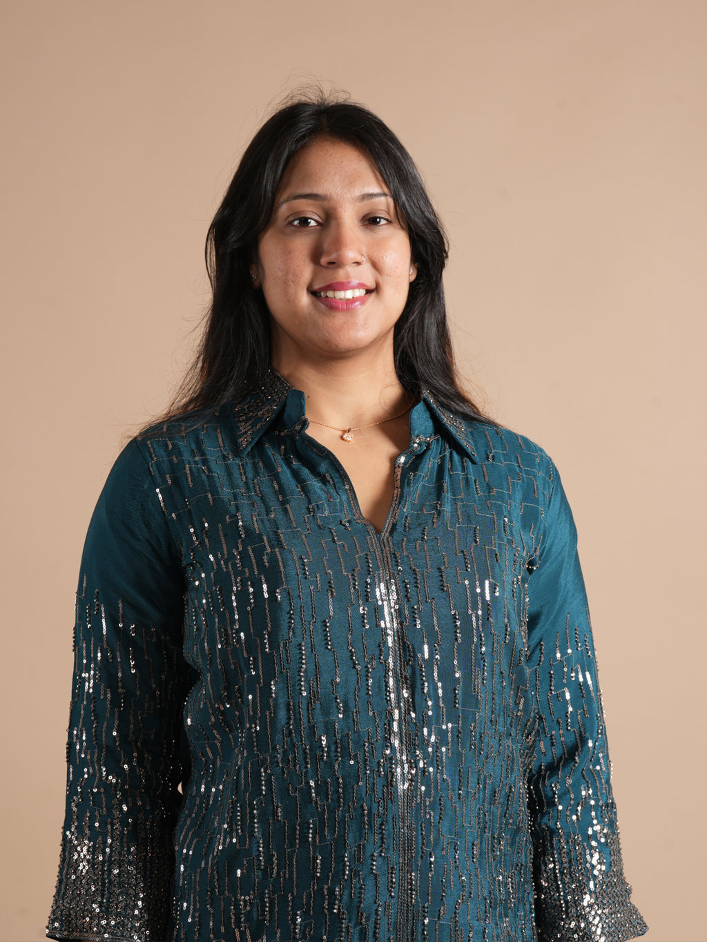 Noorva's Chinon Sequins Work Co-ord Set | Glitter Ombre Sequin Shirt Kurta with Wide Leg Plazzo | 2-Piece Party Wear Ethnic Coord Set | Cocktail, Wedding & Festive Night Outfit for Women
