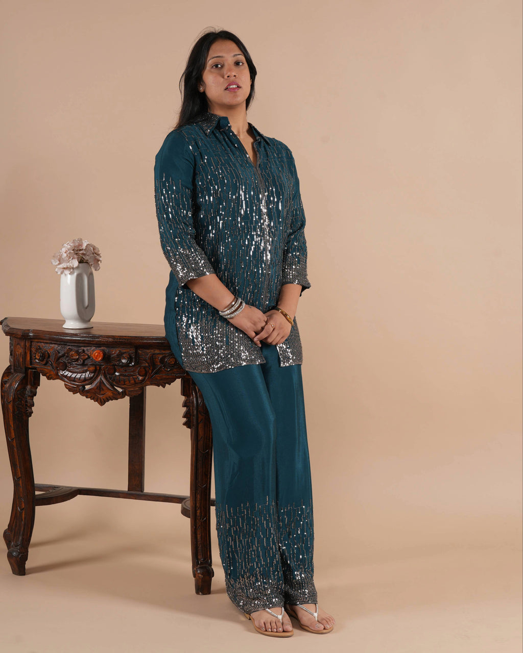 Noorva's Chinon Sequins Work Co-ord Set | Glitter Ombre Sequin Shirt Kurta with Wide Leg Plazzo | 2-Piece Party Wear Ethnic Coord Set | Cocktail, Wedding & Festive Night Outfit for Women