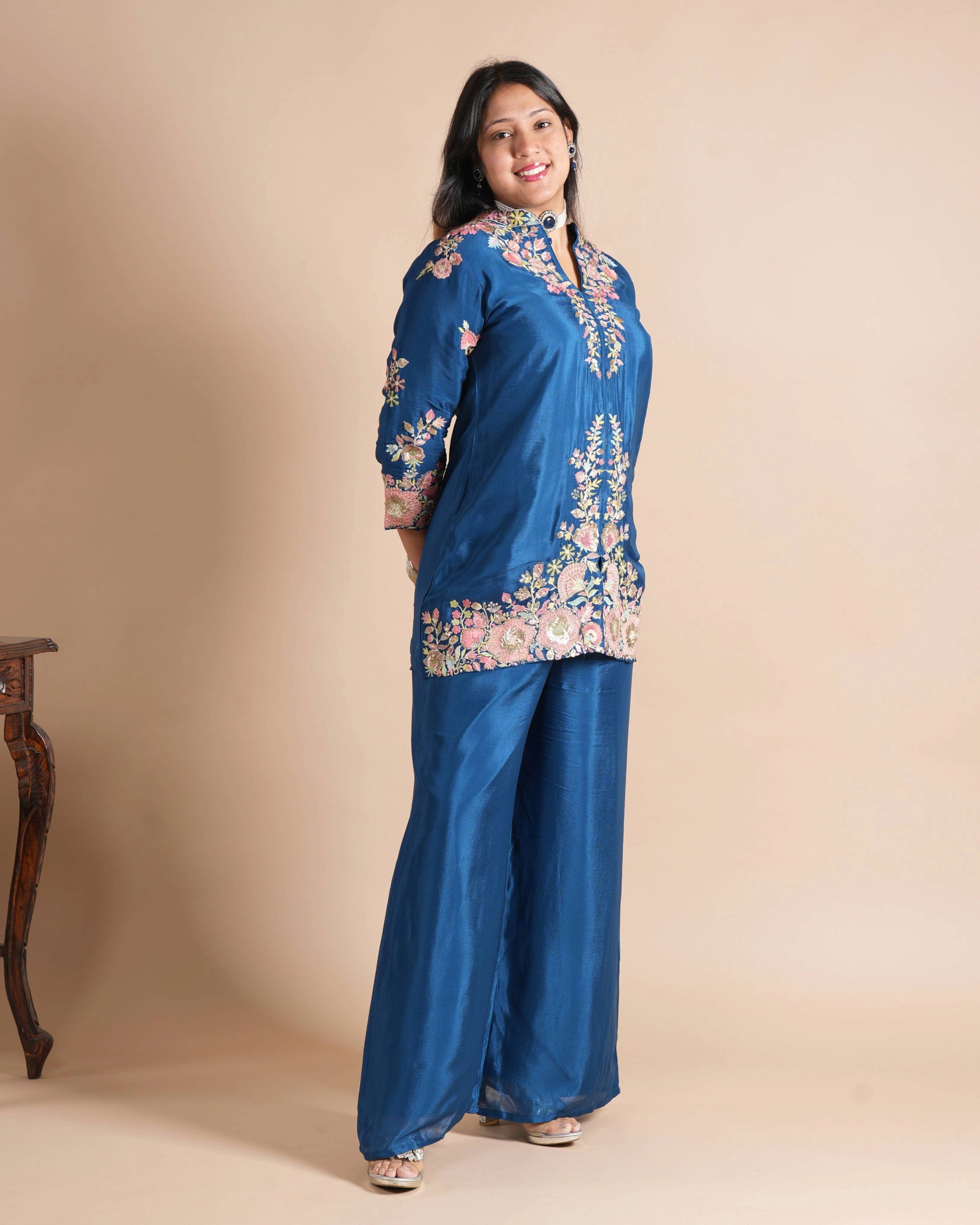 Noorva's Royal Blue Chinon Co-ord Set | Heavy Thread, Cutdana & Sequin Floral Hand Embroidered Kurta with Wide Leg Plazzo | 2-Piece Designer Ethnic Co-ord Set