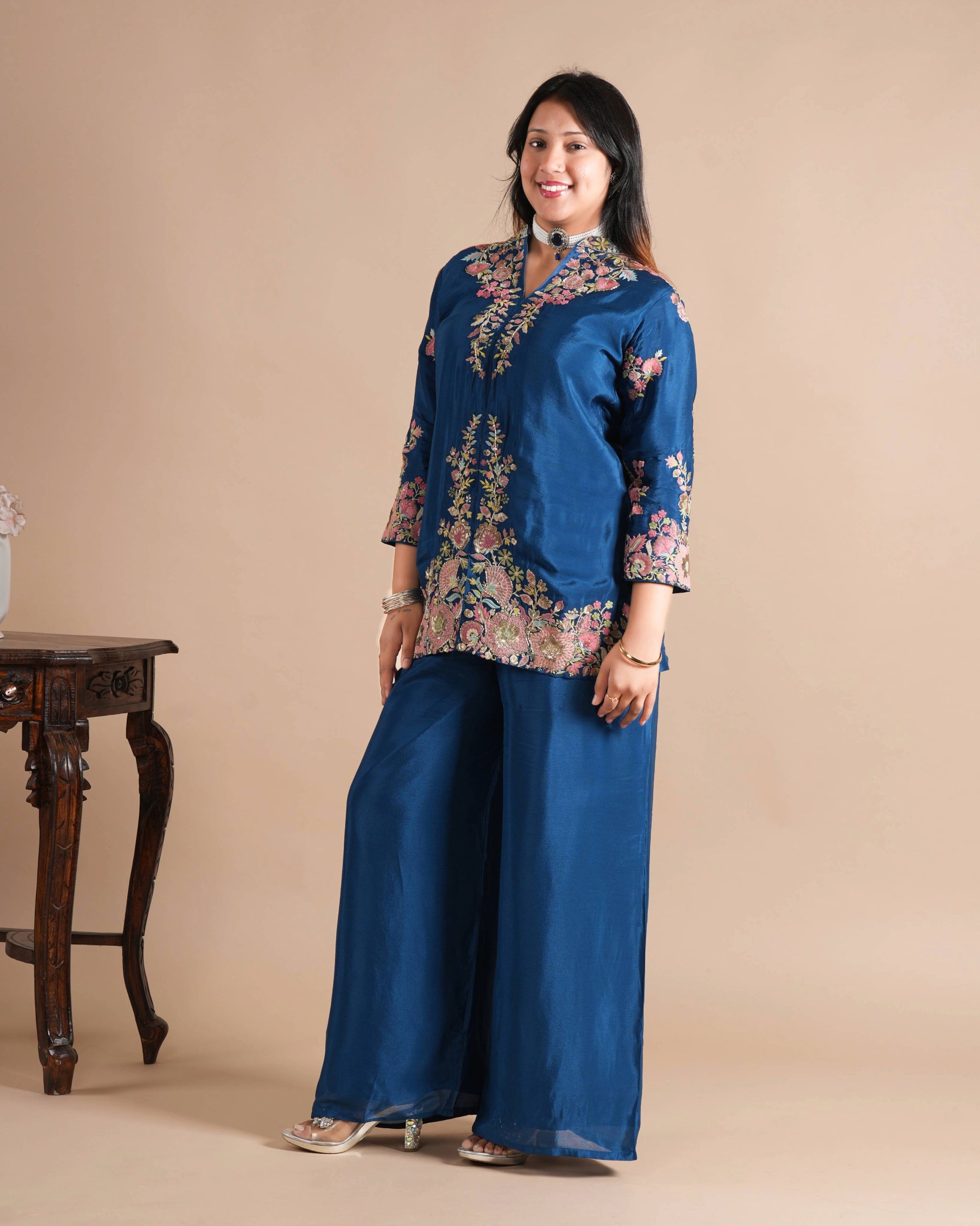 Noorva's Royal Blue Chinon Co-ord Set | Heavy Thread, Cutdana & Sequin Floral Hand Embroidered Kurta with Wide Leg Plazzo | 2-Piece Designer Ethnic Co-ord Set