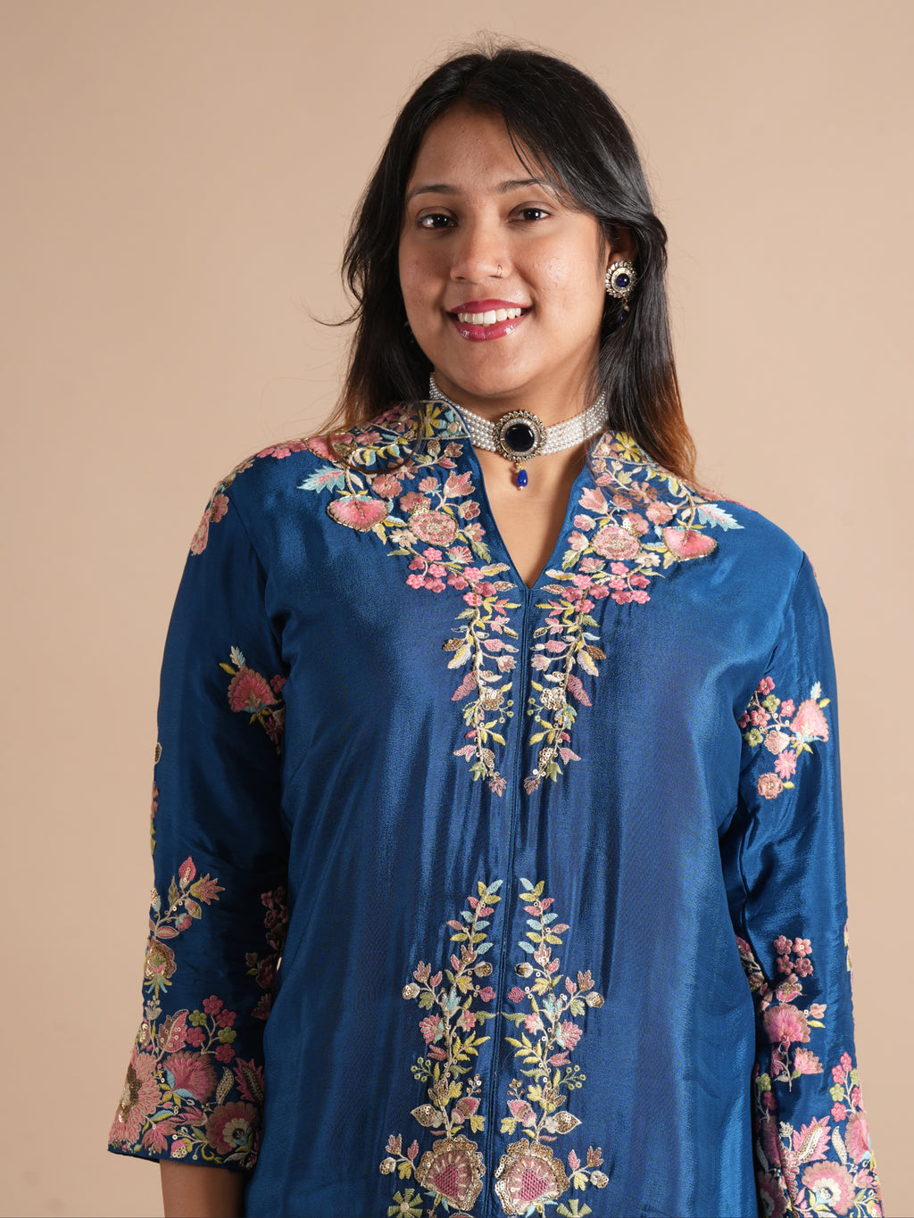 Noorva's Royal Blue Chinon Co-ord Set | Heavy Thread, Cutdana & Sequin Floral Hand Embroidered Kurta with Wide Leg Plazzo | 2-Piece Designer Ethnic Co-ord Set