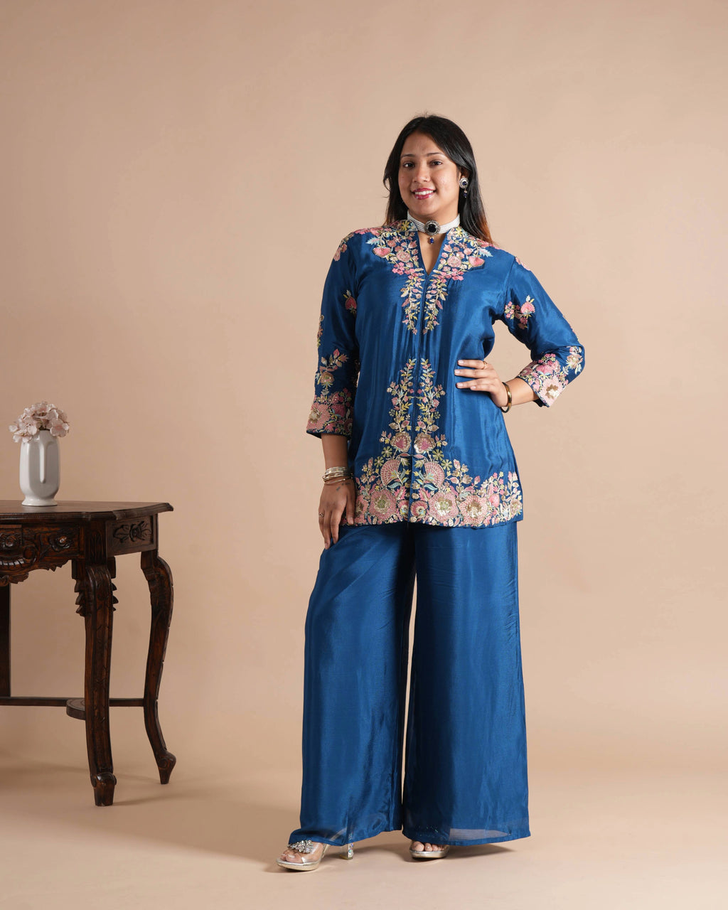 Noorva's Royal Blue Chinon Co-ord Set | Heavy Thread, Cutdana & Sequin Floral Hand Embroidered Kurta with Wide Leg Plazzo | 2-Piece Designer Ethnic Co-ord Set