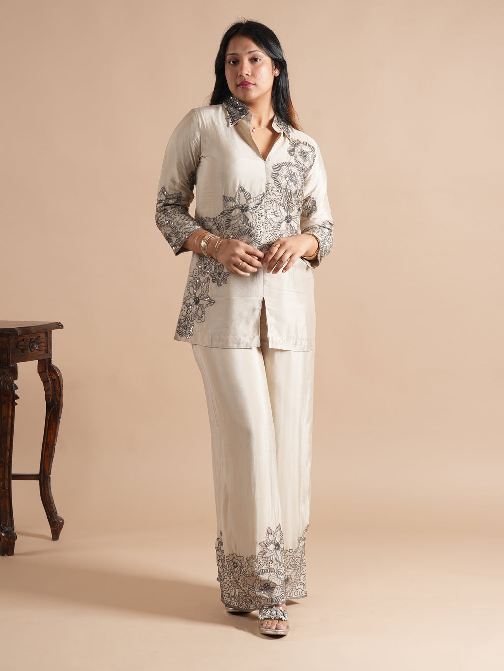 Women's Cream Chinon Co-ord Set | Sequins & Floral Embroidered Shirt with Wide Leg Plazzo | 2-Piece Designer Ethnic Coord Set