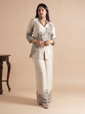 Women's Cream Chinon Co-ord Set | Sequins & Floral Embroidered Shirt with Wide Leg Plazzo | 2-Piece Designer Ethnic Coord Set