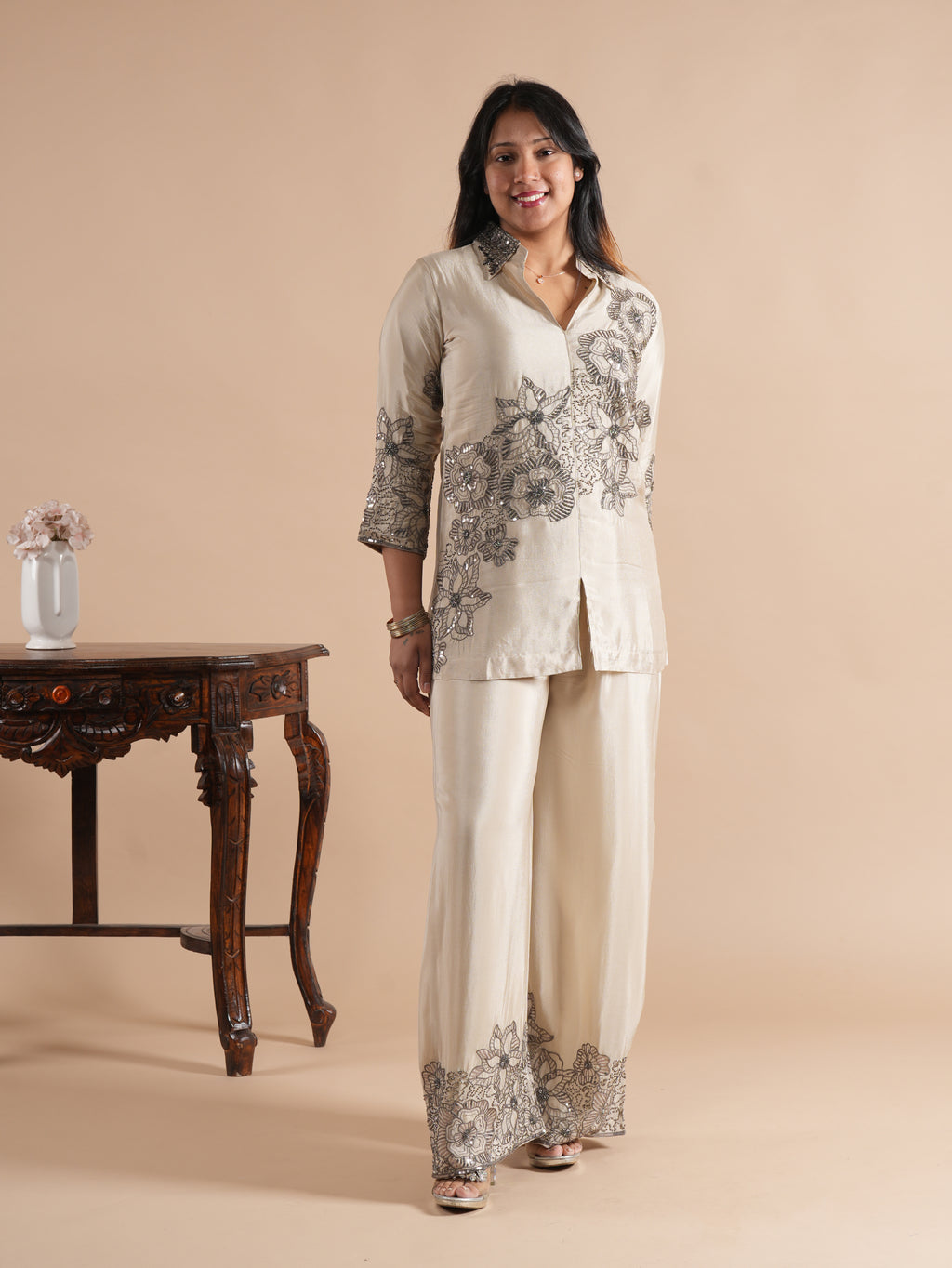 Women's Cream Chinon Co-ord Set | Sequins & Floral Embroidered Shirt with Wide Leg Plazzo | 2-Piece Designer Ethnic Coord Set