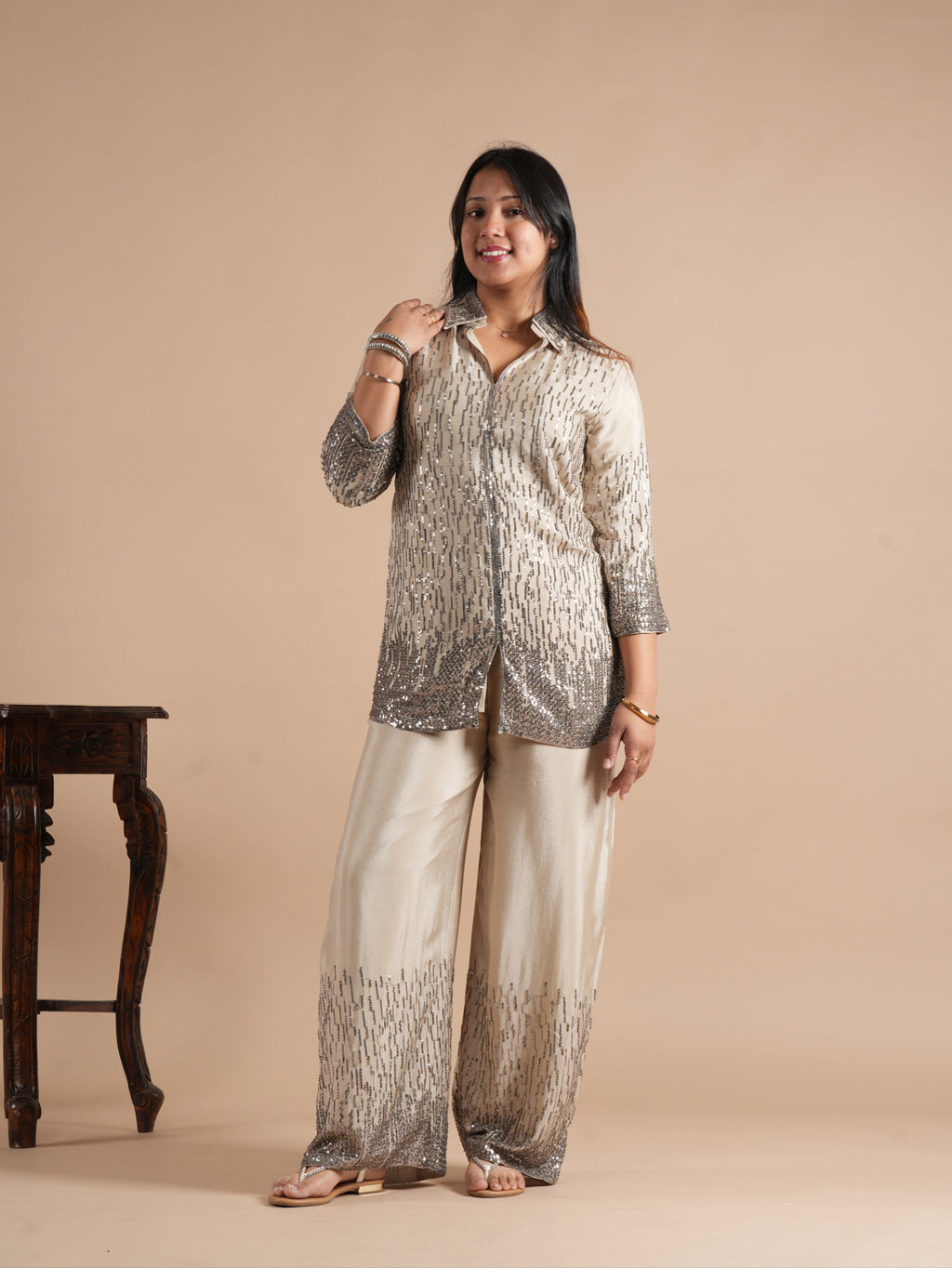 Noorva's Chinon Sequins Work Co-ord Set | Glitter Ombre Sequin Shirt Kurta with Wide Leg Plazzo | 2-Piece Party Wear Ethnic Coord Set | Cocktail, Wedding & Festive Night Outfit for Women