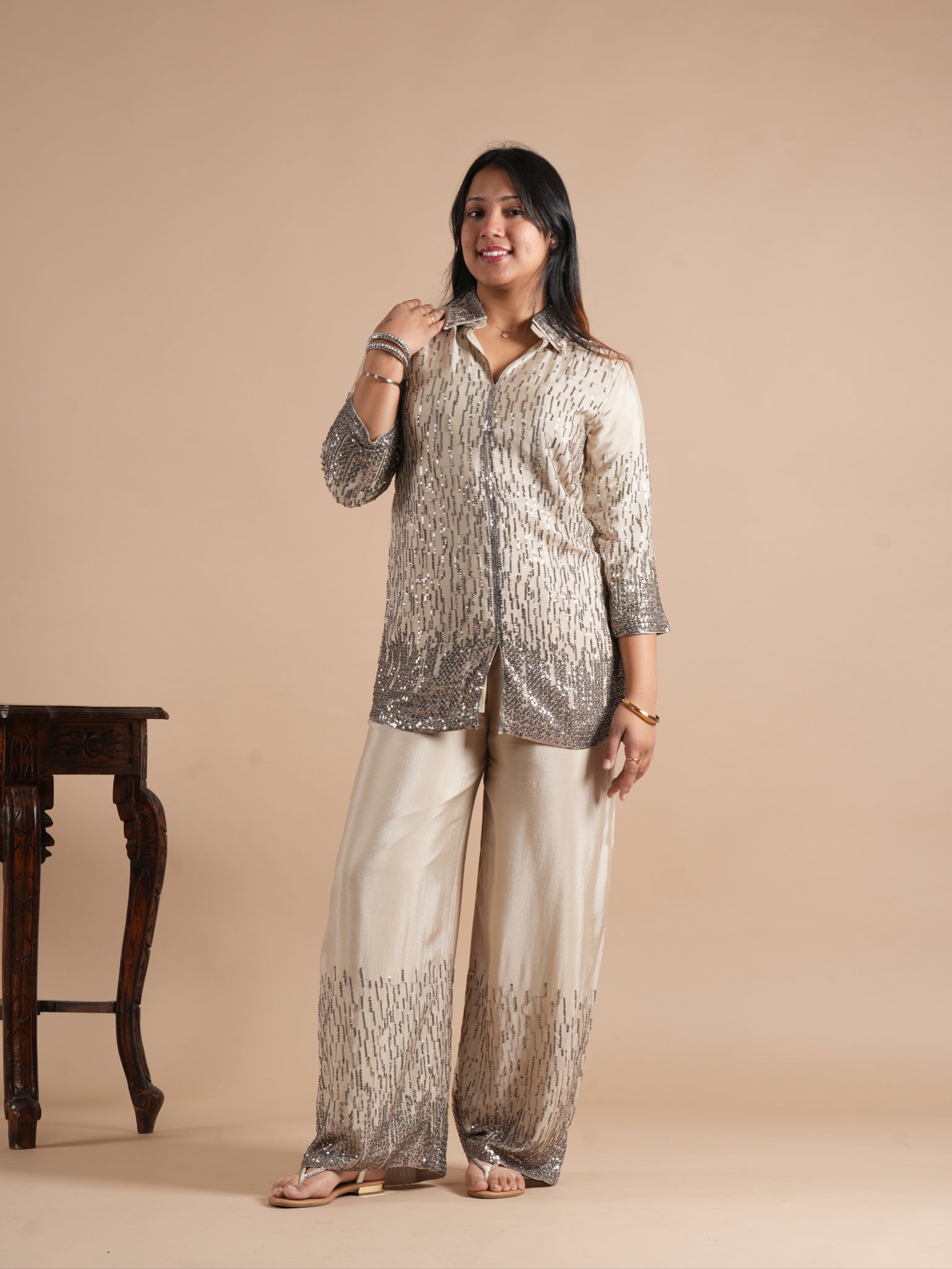 Noorva's Chinon Sequins Work Co-ord Set | Glitter Ombre Sequin Shirt Kurta with Wide Leg Plazzo | 2-Piece Party Wear Ethnic Coord Set | Cocktail, Wedding & Festive Night Outfit for Women