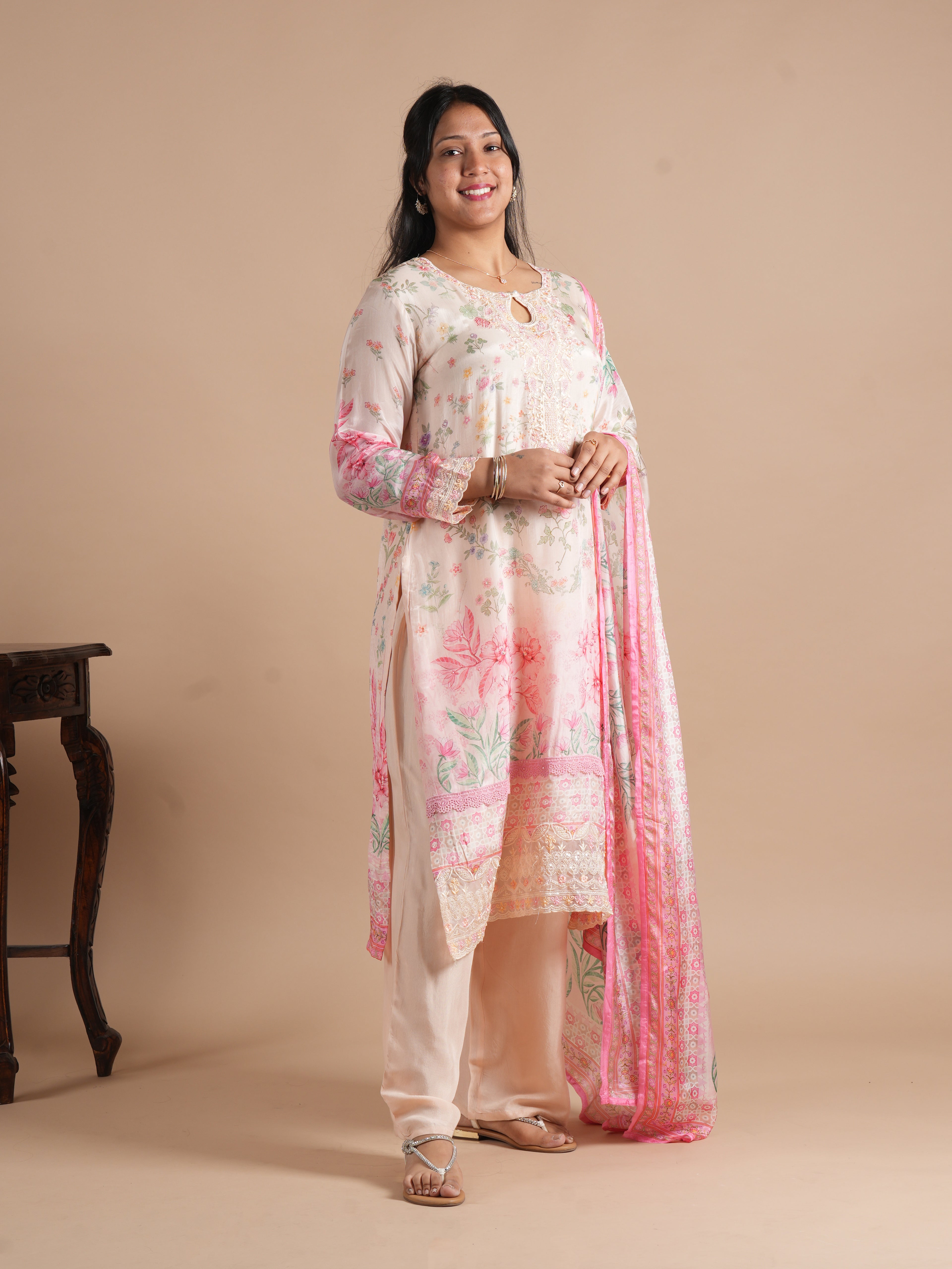 Noorva Women's Pakistani Style Glass Organza Suit Set | Front & Back Floral Printed Straight Kurta with Embroidery, Handwork, With Printed Dupatta & Santoon Plazzo | Festive Ethnic Wear