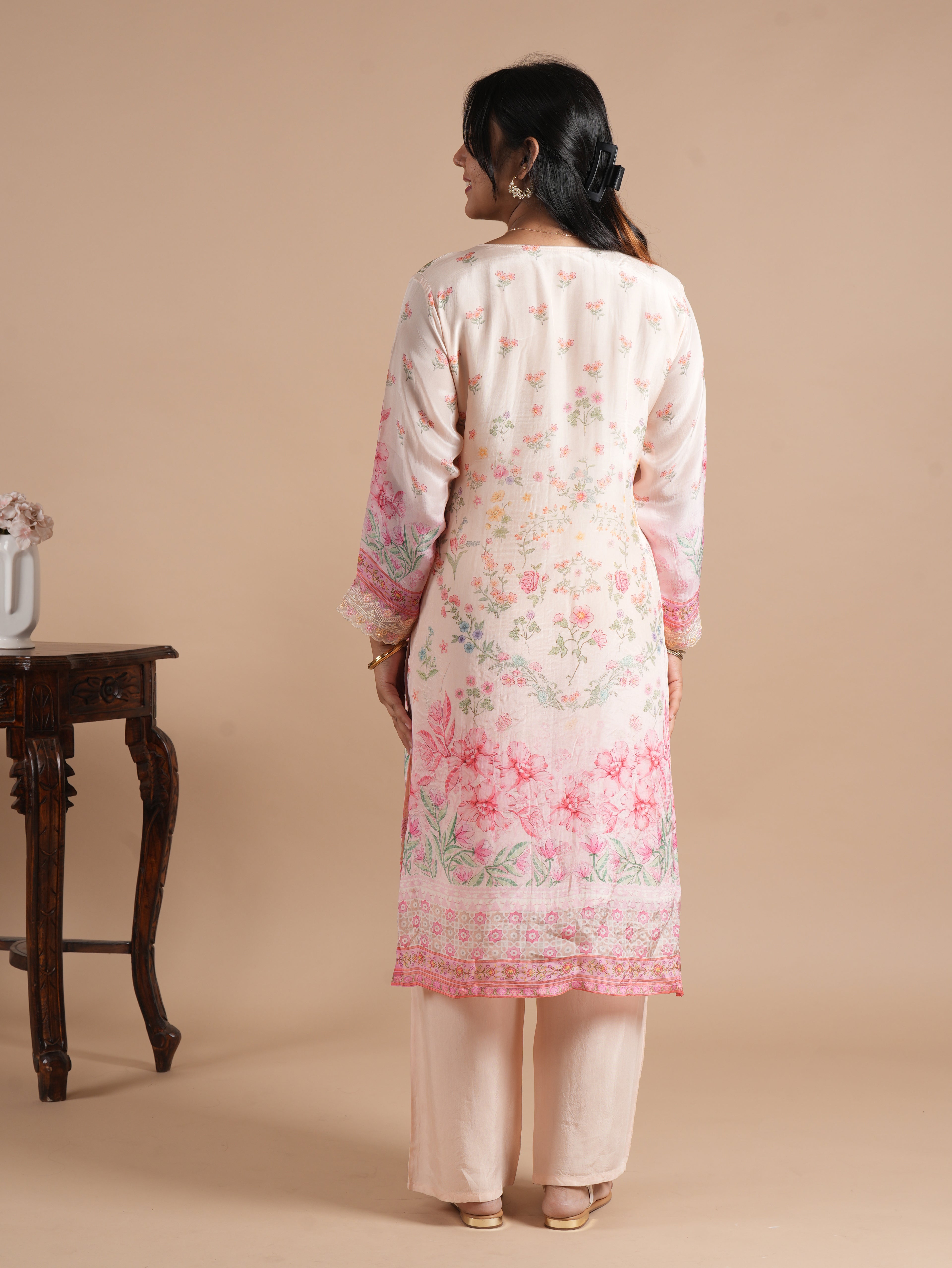 Noorva Women's Pakistani Style Glass Organza Suit Set | Front & Back Floral Printed Straight Kurta with Embroidery, Handwork, With Printed Dupatta & Santoon Plazzo | Festive Ethnic Wear