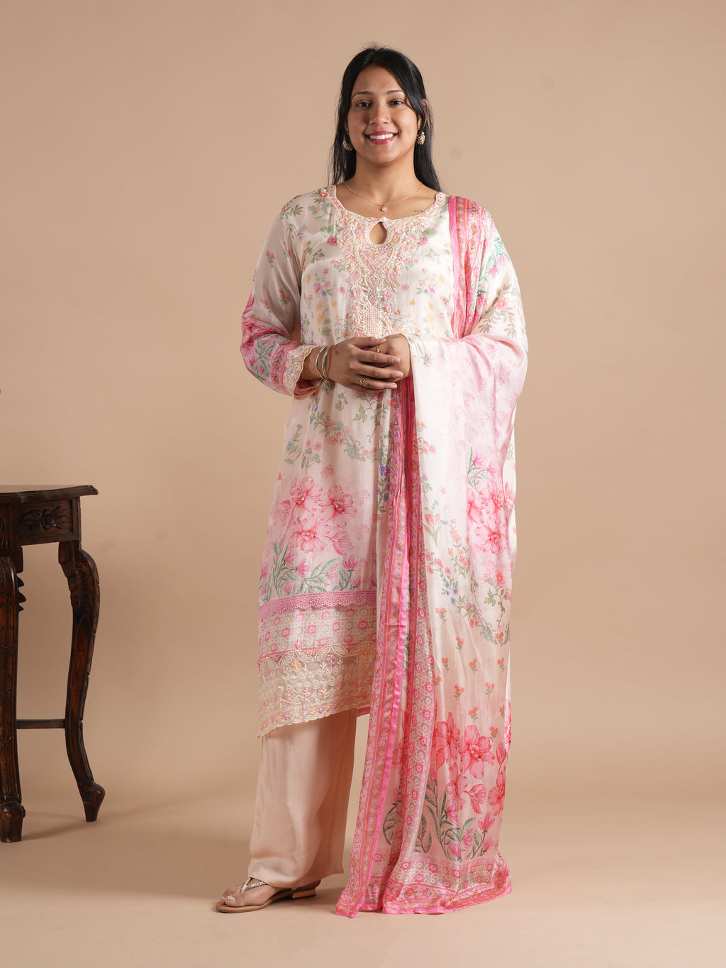 Noorva Women's Pakistani Style Glass Organza Suit Set | Front & Back Floral Printed Straight Kurta with Embroidery, Handwork, With Printed Dupatta & Santoon Plazzo | Festive Ethnic Wear