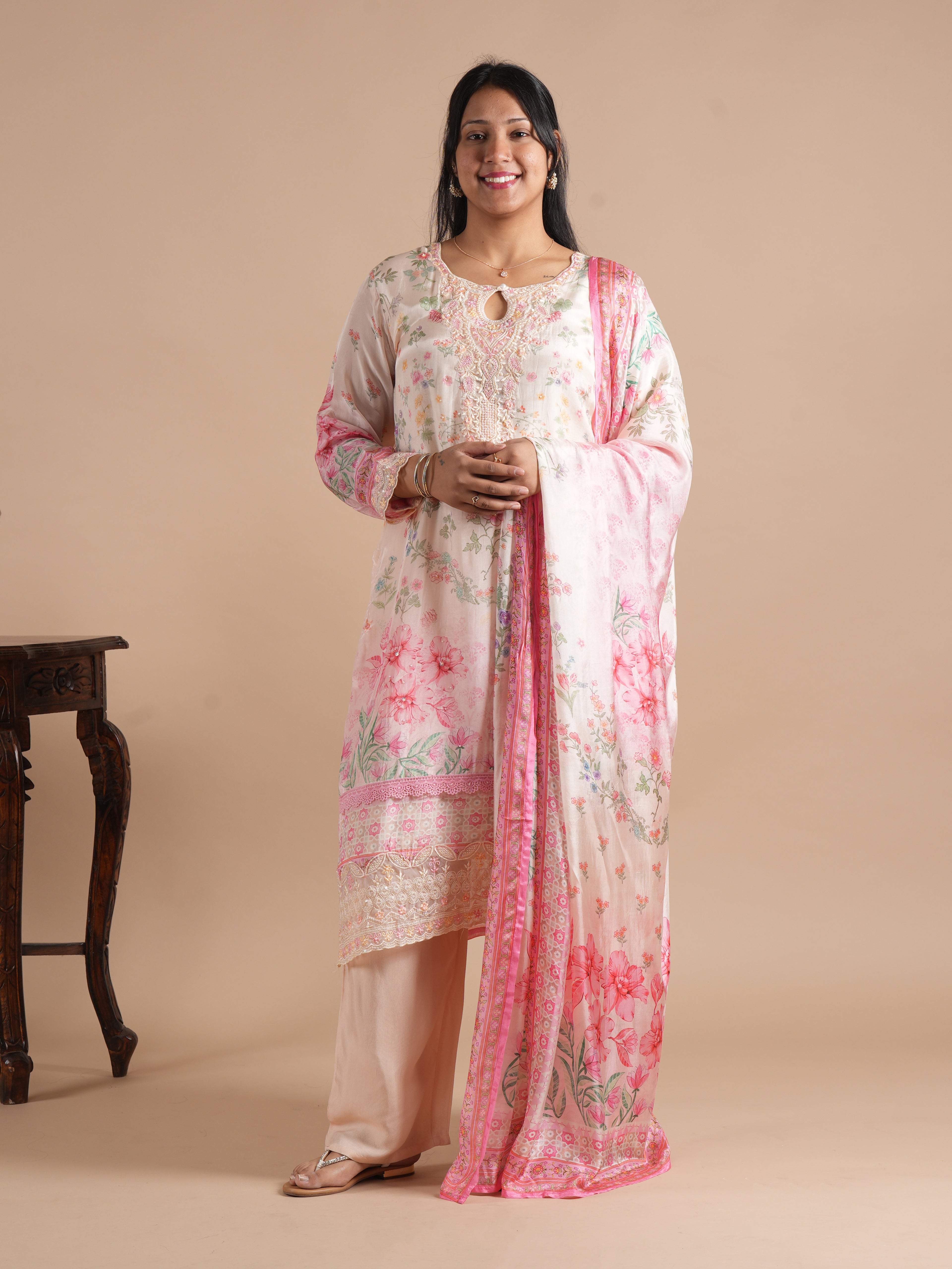 Noorva Women's Pakistani Style Glass Organza Suit Set | Front & Back Floral Printed Straight Kurta with Embroidery, Handwork, With Printed Dupatta & Santoon Plazzo | Festive Ethnic Wear