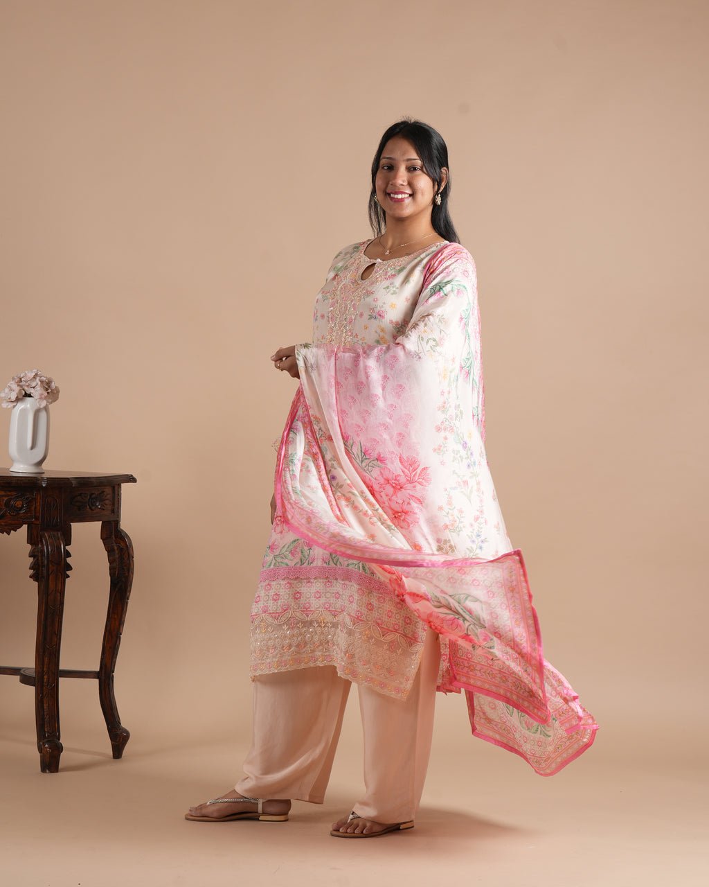 Noorva Women's Pakistani Style Glass Organza Suit Set | Front & Back Floral Printed Straight Kurta with Embroidery, Handwork, With Printed Dupatta & Santoon Plazzo | Festive Ethnic Wear