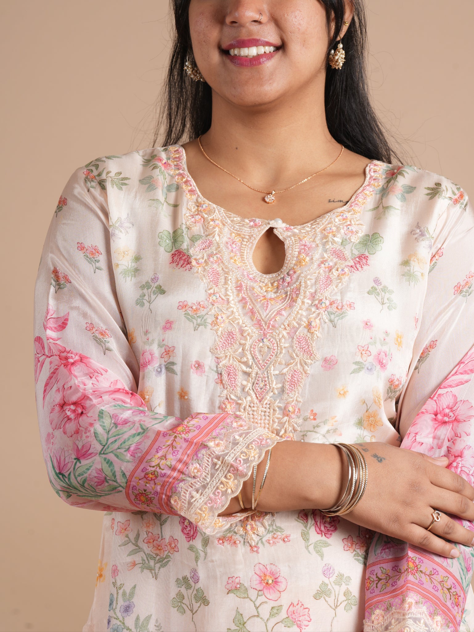 Noorva Women's Pakistani Style Glass Organza Suit Set | Front & Back Floral Printed Straight Kurta with Embroidery, Handwork, With Printed Dupatta & Santoon Plazzo | Festive Ethnic Wear
