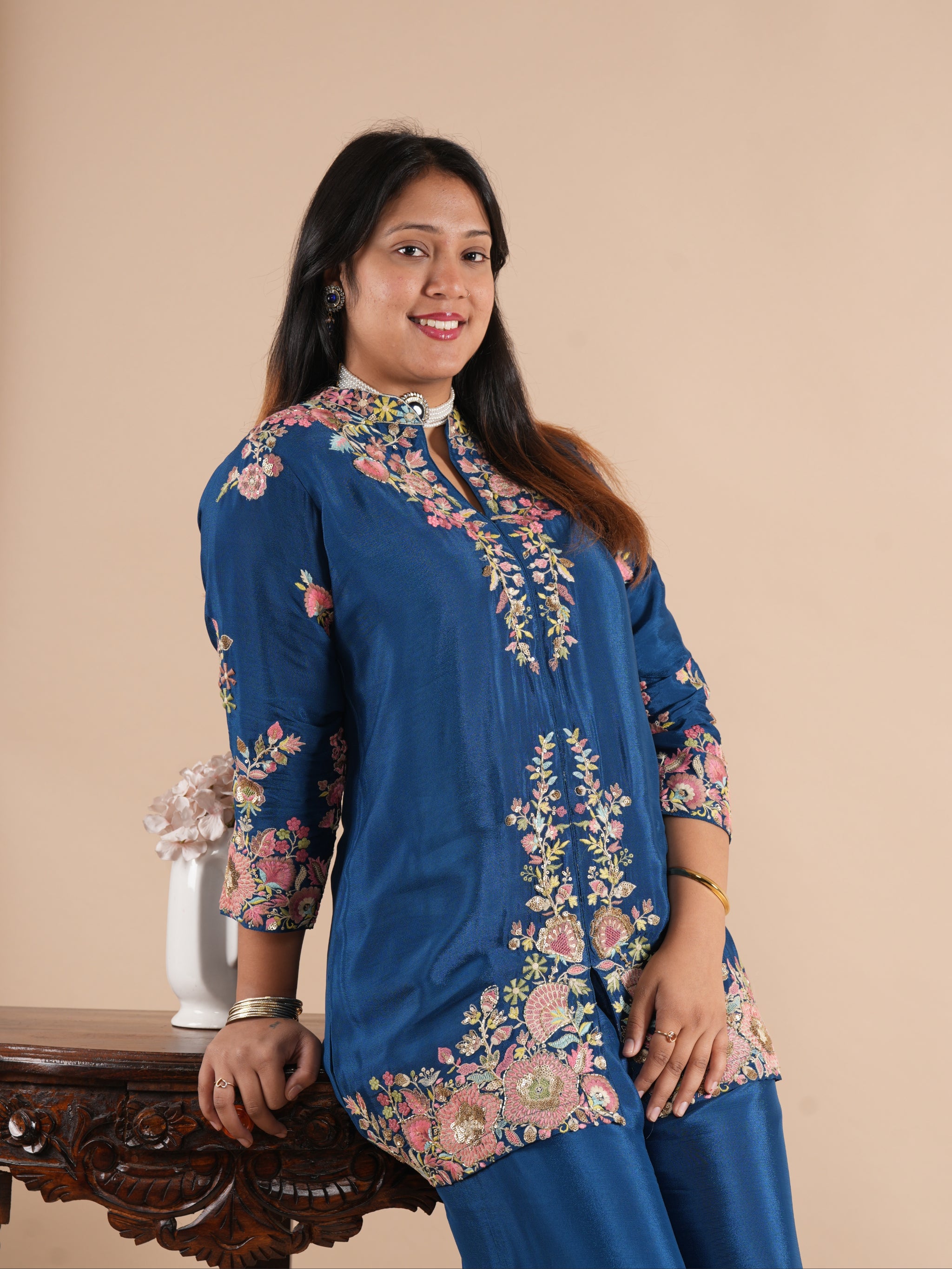 Noorva's Royal Blue Chinon Co-ord Set | Heavy Thread, Cutdana & Sequin Floral Hand Embroidered Kurta with Wide Leg Plazzo | 2-Piece Designer Ethnic Co-ord Set