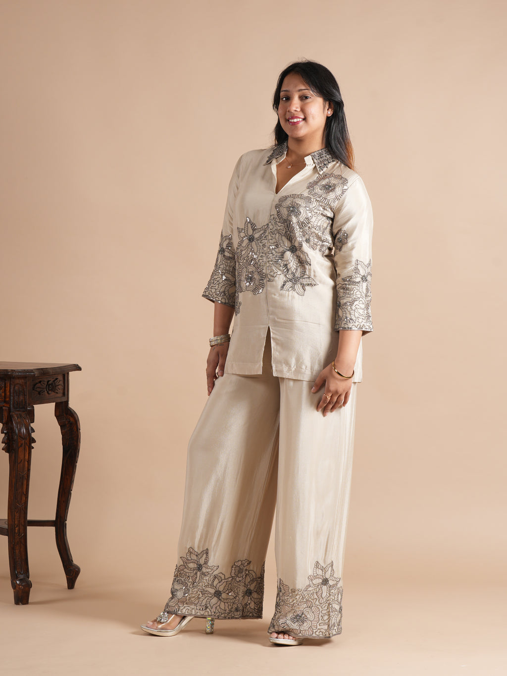 Women's Cream Chinon Co-ord Set | Sequins & Floral Embroidered Shirt with Wide Leg Plazzo | 2-Piece Designer Ethnic Coord Set