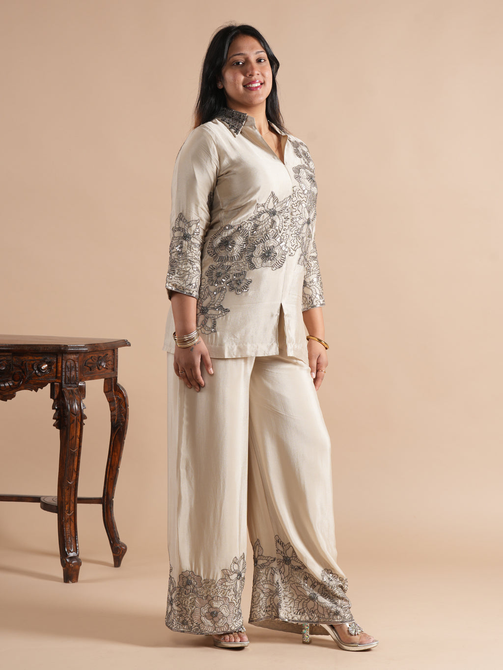 Women's Cream Chinon Co-ord Set | Sequins & Floral Embroidered Shirt with Wide Leg Plazzo | 2-Piece Designer Ethnic Coord Set