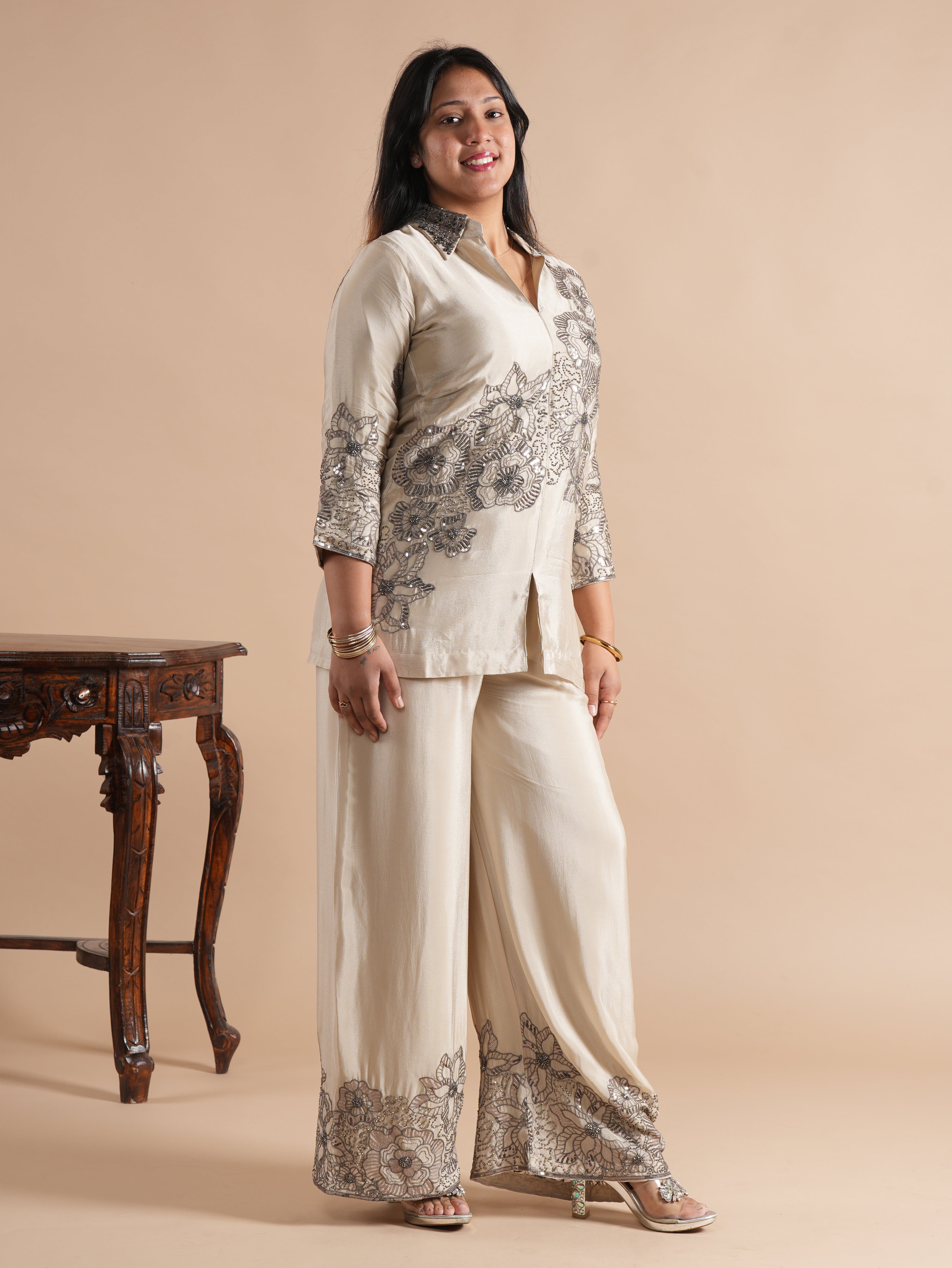 Women's Cream Chinon Co-ord Set | Sequins & Floral Embroidered Shirt with Wide Leg Plazzo | 2-Piece Designer Ethnic Coord Set