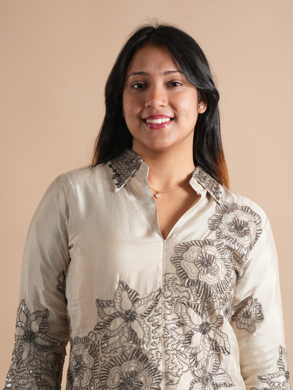 Women's Cream Chinon Co-ord Set | Sequins & Floral Embroidered Shirt with Wide Leg Plazzo | 2-Piece Designer Ethnic Coord Set