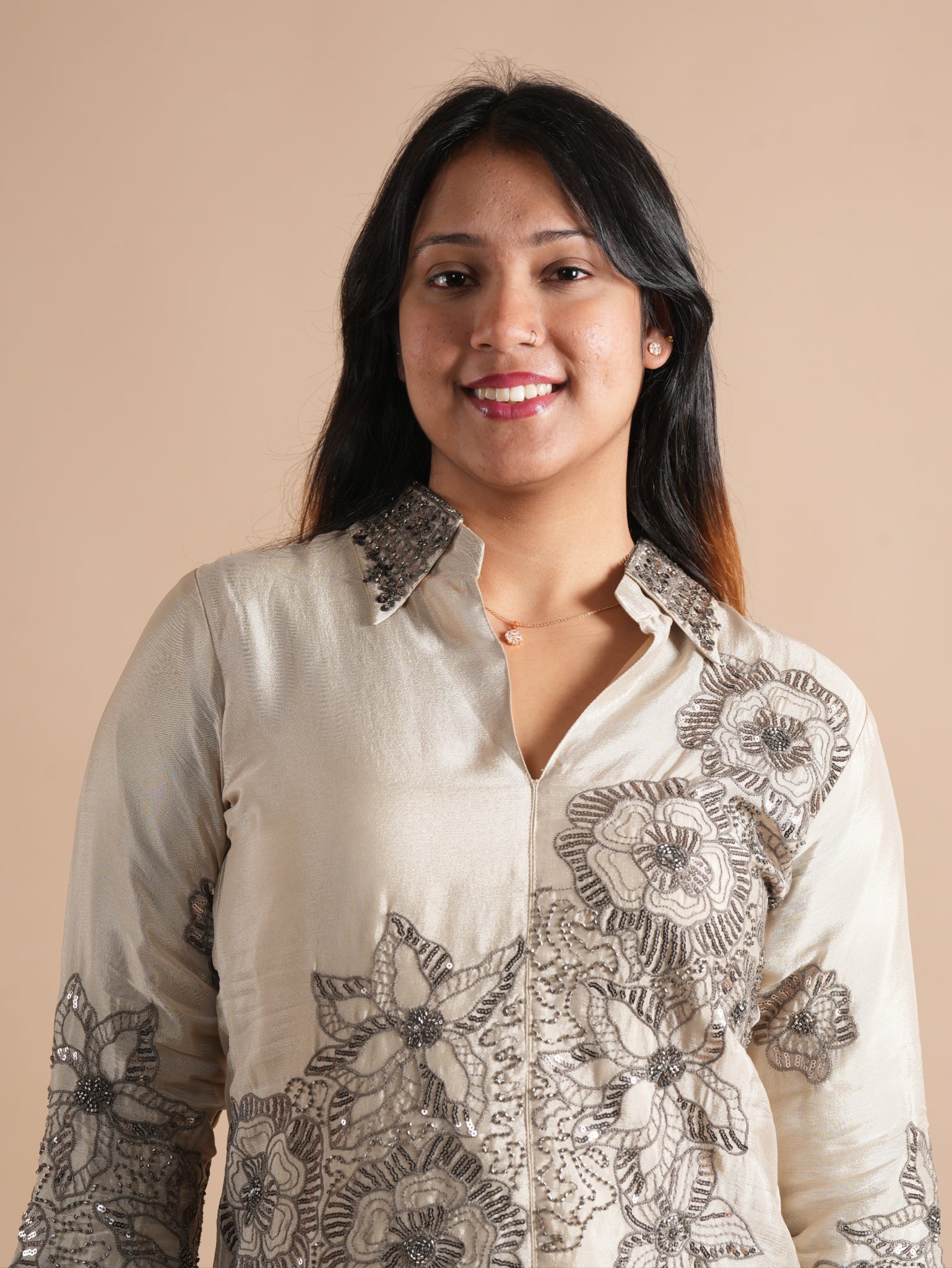 Women's Cream Chinon Co-ord Set | Sequins & Floral Embroidered Shirt with Wide Leg Plazzo | 2-Piece Designer Ethnic Coord Set