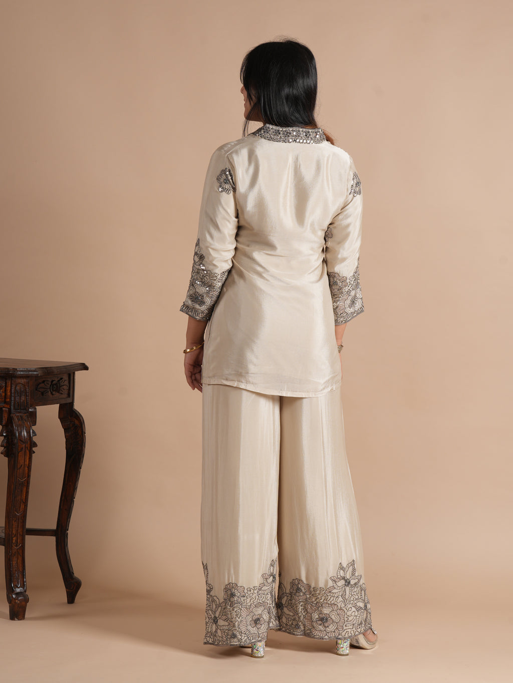 Women's Cream Chinon Co-ord Set | Sequins & Floral Embroidered Shirt with Wide Leg Plazzo | 2-Piece Designer Ethnic Coord Set