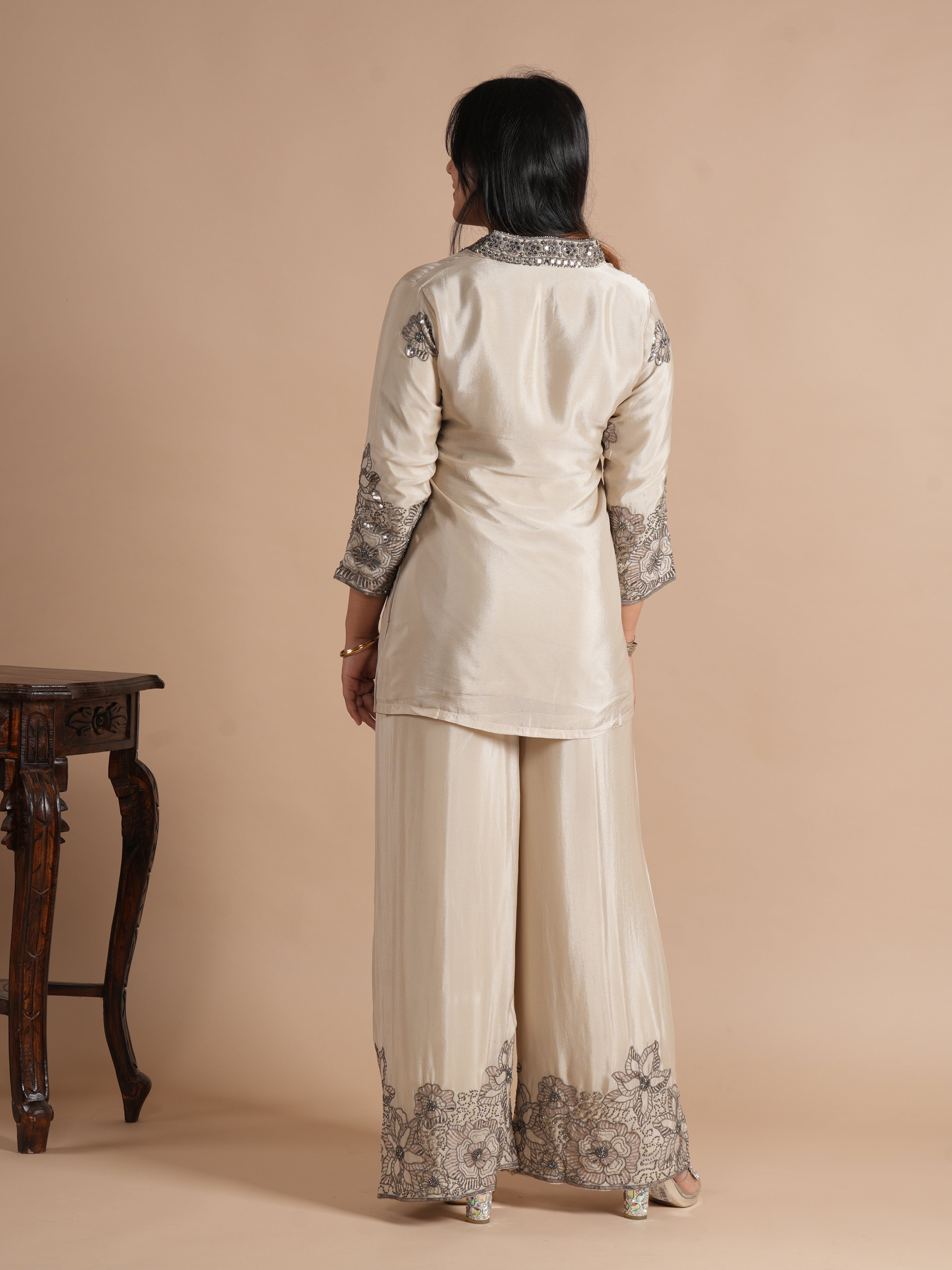 Women's Cream Chinon Co-ord Set | Sequins & Floral Embroidered Shirt with Wide Leg Plazzo | 2-Piece Designer Ethnic Coord Set