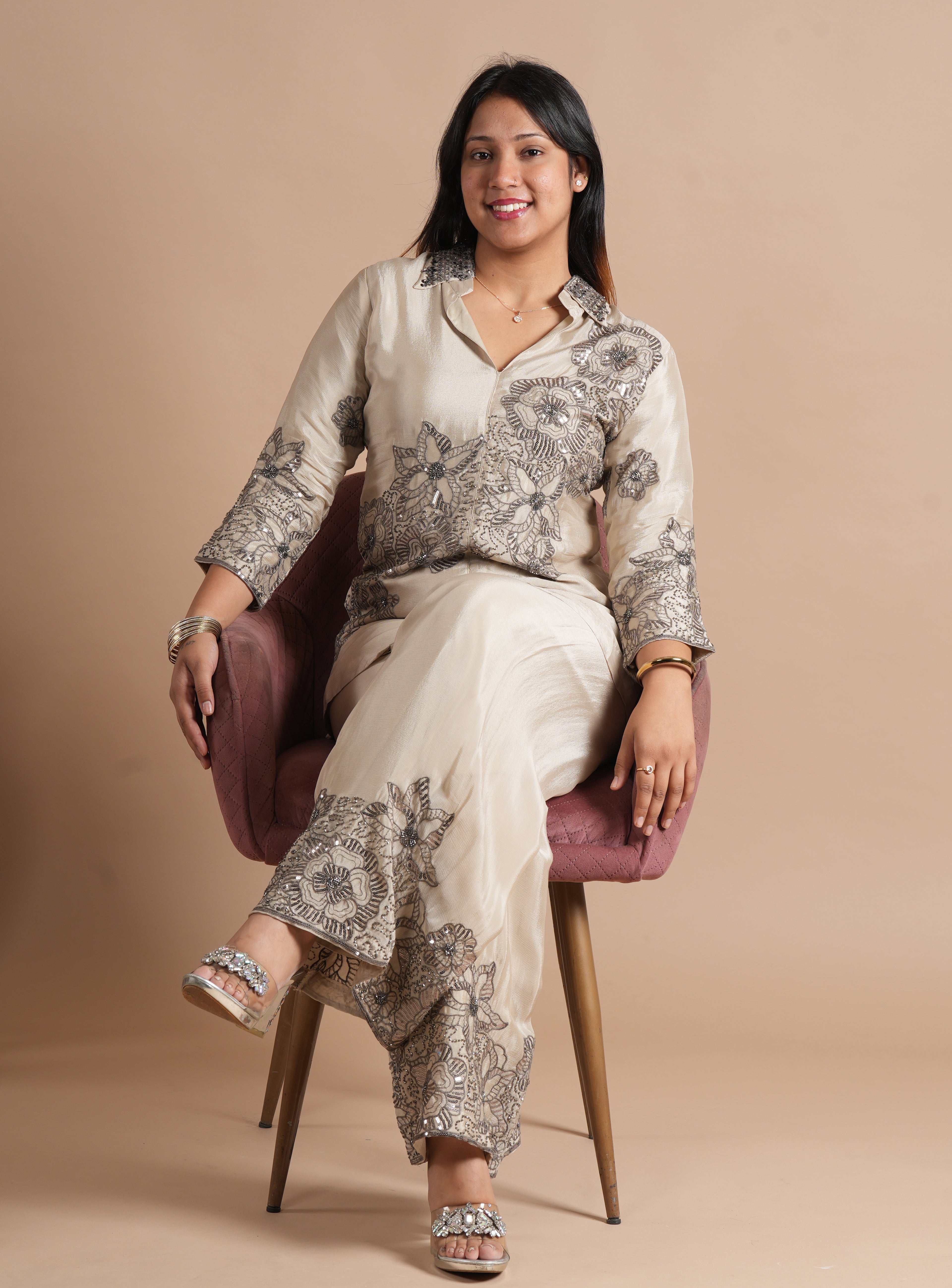 Women's Cream Chinon Co-ord Set | Sequins & Floral Embroidered Shirt with Wide Leg Plazzo | 2-Piece Designer Ethnic Coord Set