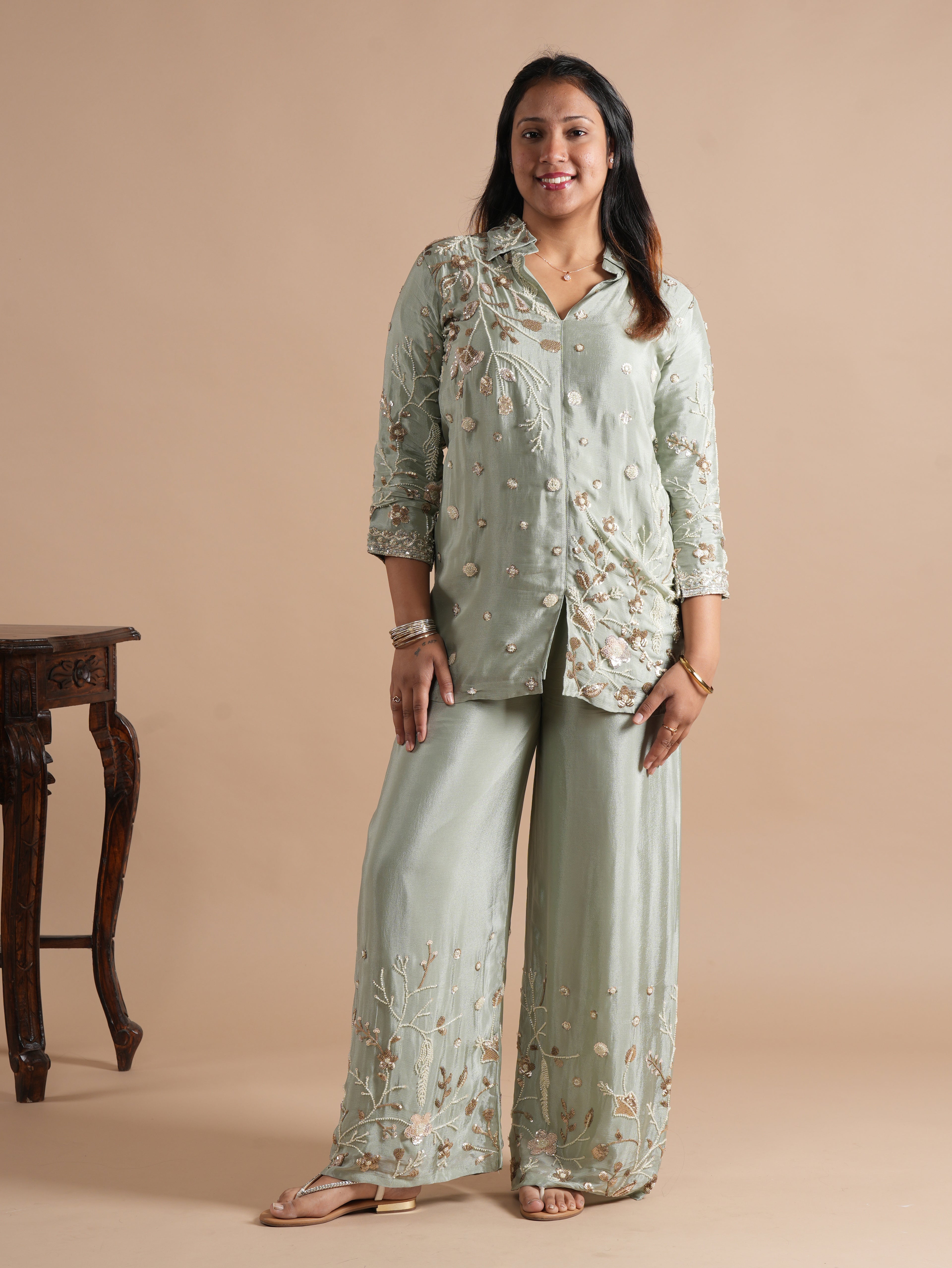 Noorva's Chinon Fabric Co-ord Set | All-Over Sequins & Beads Floral Embroidered Shirt Style Kurta with Wide Leg Plazzo | 2-Piece Designer Ethnic Coord Set