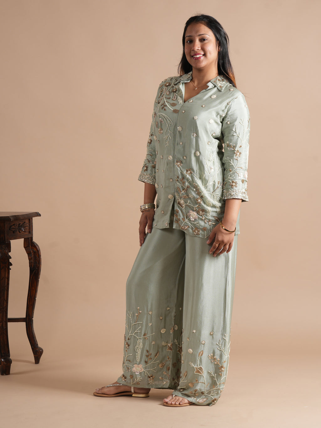 Noorva's Chinon Fabric Co-ord Set | All-Over Sequins & Beads Floral Embroidered Shirt Style Kurta with Wide Leg Plazzo | 2-Piece Designer Ethnic Coord Set
