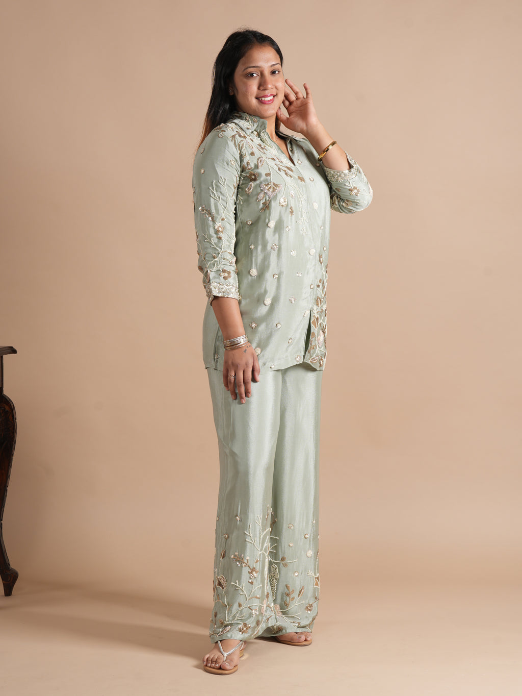 Noorva's Chinon Fabric Co-ord Set | All-Over Sequins & Beads Floral Embroidered Shirt Style Kurta with Wide Leg Plazzo | 2-Piece Designer Ethnic Coord Set