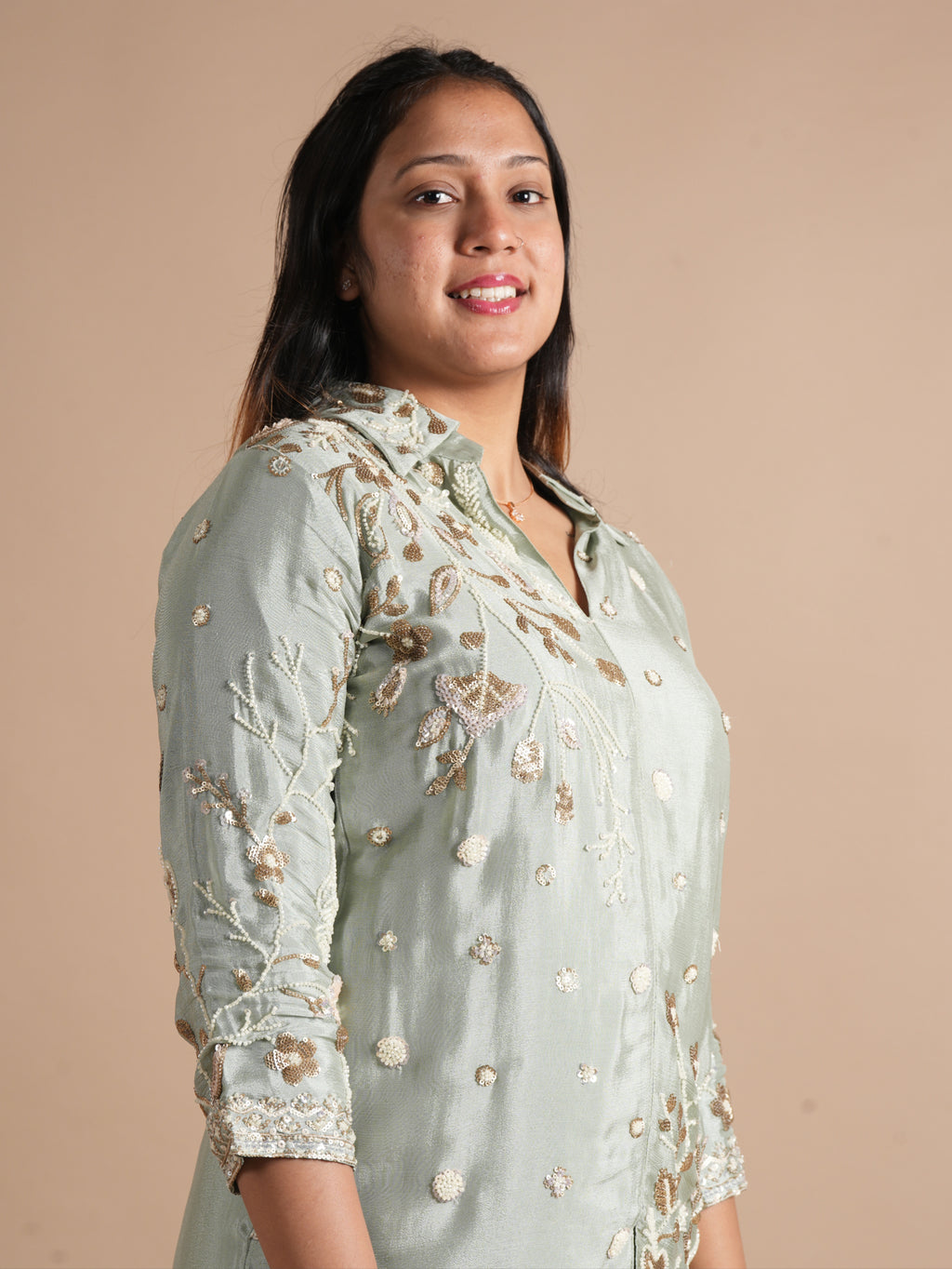Noorva's Chinon Fabric Co-ord Set | All-Over Sequins & Beads Floral Embroidered Shirt Style Kurta with Wide Leg Plazzo | 2-Piece Designer Ethnic Coord Set