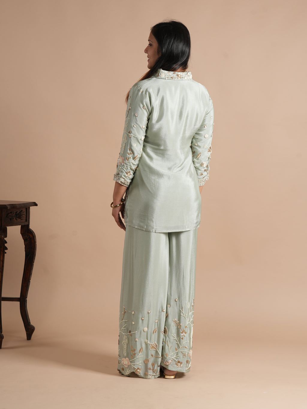 Noorva's Chinon Fabric Co-ord Set | All-Over Sequins & Beads Floral Embroidered Shirt Style Kurta with Wide Leg Plazzo | 2-Piece Designer Ethnic Coord Set