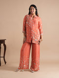 Noorva's Chinon Fabric Co-ord Set | All-Over Sequins & Beads Floral Embroidered Shirt Style Kurta with Wide Leg Plazzo | 2-Piece Designer Ethnic Coord Set