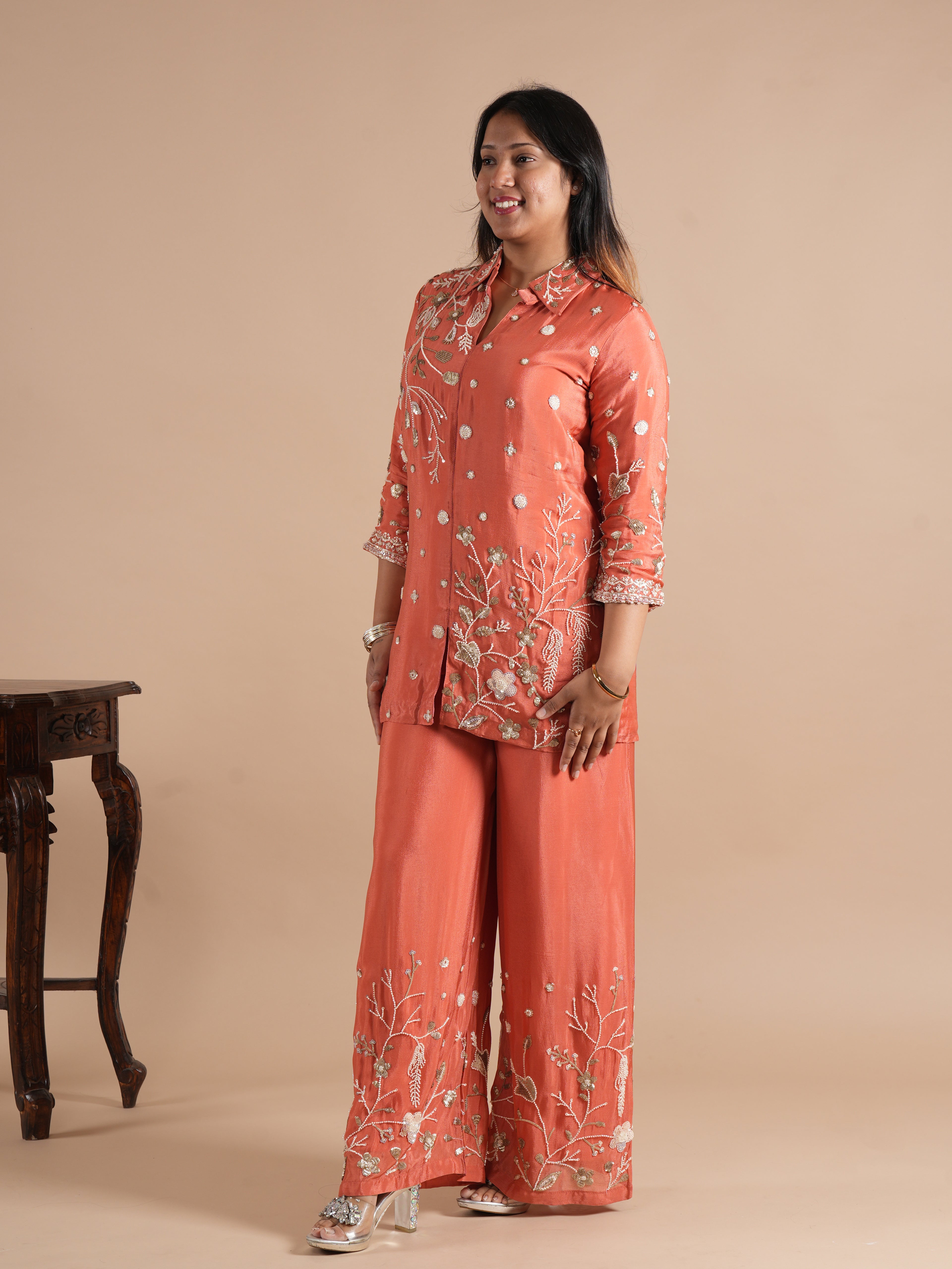Noorva's Chinon Fabric Co-ord Set | All-Over Sequins & Beads Floral Embroidered Shirt Style Kurta with Wide Leg Plazzo | 2-Piece Designer Ethnic Coord Set
