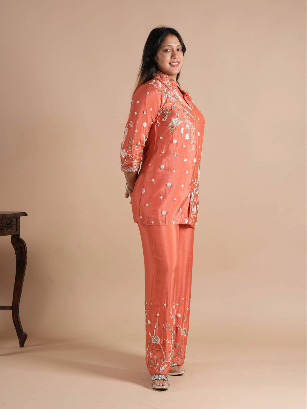 Noorva's Chinon Fabric Co-ord Set | All-Over Sequins & Beads Floral Embroidered Shirt Style Kurta with Wide Leg Plazzo | 2-Piece Designer Ethnic Coord Set