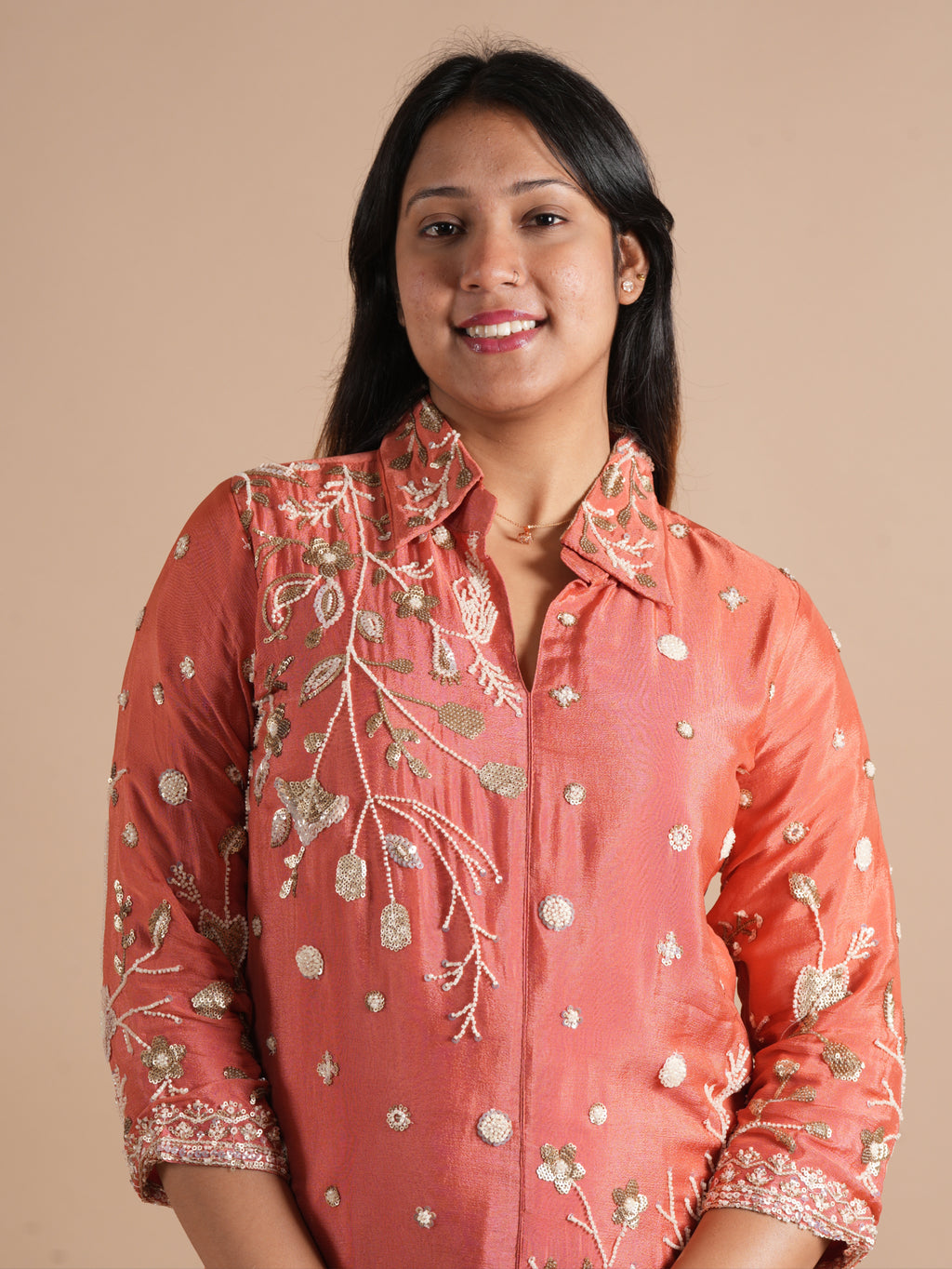 Noorva's Chinon Fabric Co-ord Set | All-Over Sequins & Beads Floral Embroidered Shirt Style Kurta with Wide Leg Plazzo | 2-Piece Designer Ethnic Coord Set