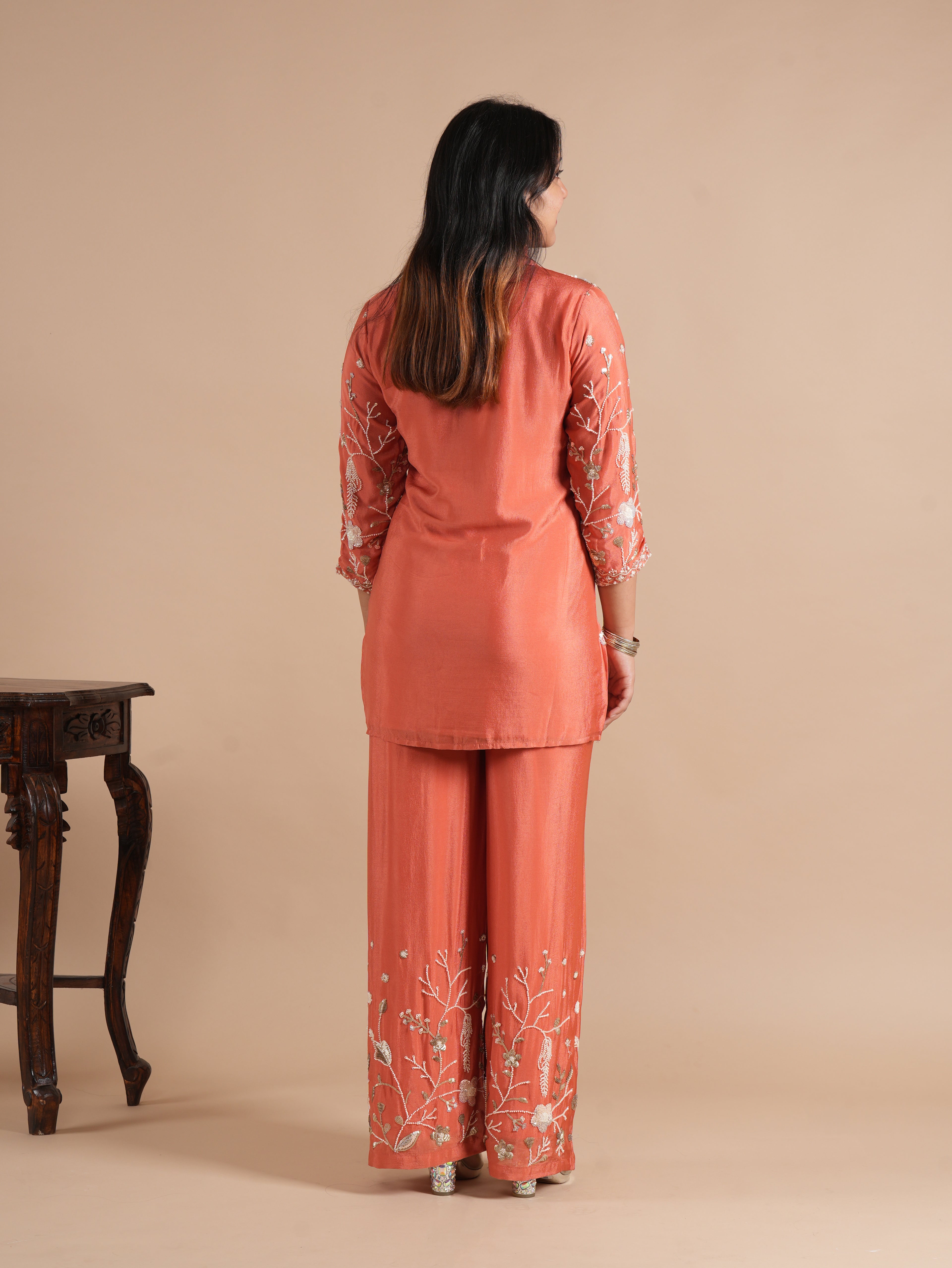 Noorva's Chinon Fabric Co-ord Set | All-Over Sequins & Beads Floral Embroidered Shirt Style Kurta with Wide Leg Plazzo | 2-Piece Designer Ethnic Coord Set