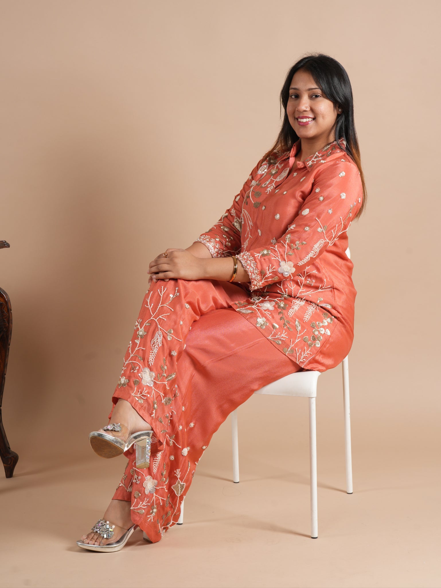 Noorva's Chinon Fabric Co-ord Set | All-Over Sequins & Beads Floral Embroidered Shirt Style Kurta with Wide Leg Plazzo | 2-Piece Designer Ethnic Coord Set