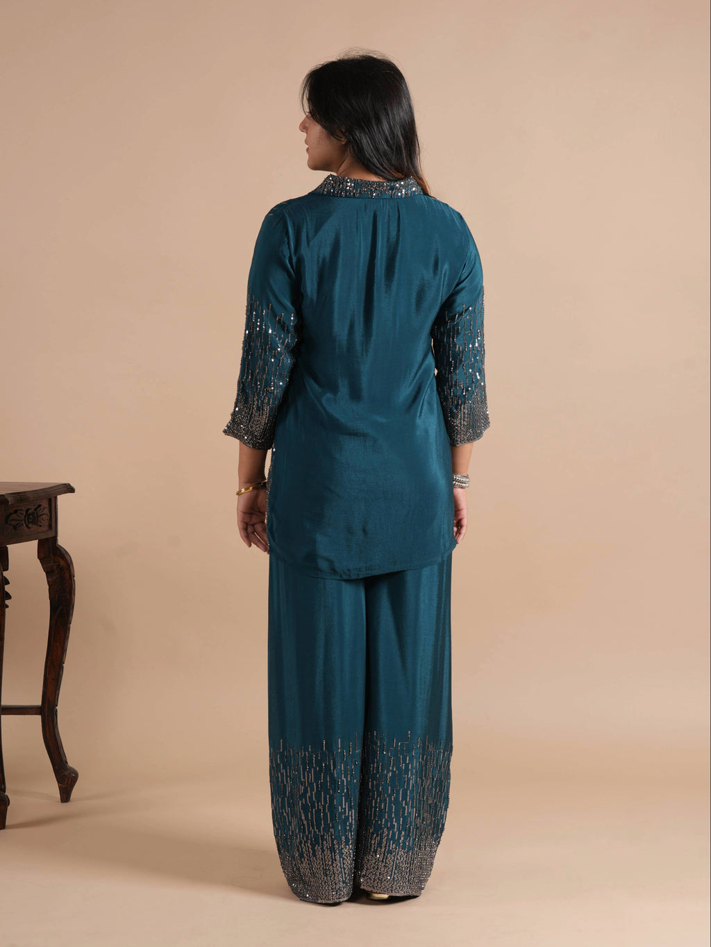 Noorva's Chinon Sequins Work Co-ord Set | Glitter Ombre Sequin Shirt Kurta with Wide Leg Plazzo | 2-Piece Party Wear Ethnic Coord Set | Cocktail, Wedding & Festive Night Outfit for Women
