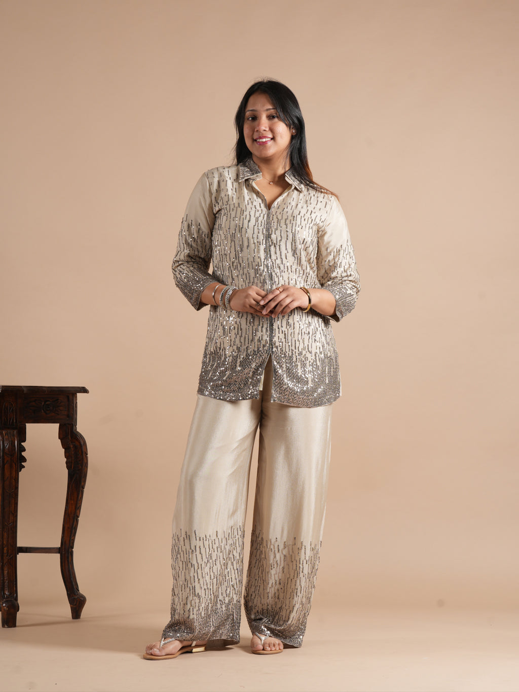 Noorva's Chinon Sequins Work Co-ord Set | Glitter Ombre Sequin Shirt Kurta with Wide Leg Plazzo | 2-Piece Party Wear Ethnic Coord Set | Cocktail, Wedding & Festive Night Outfit for Women
