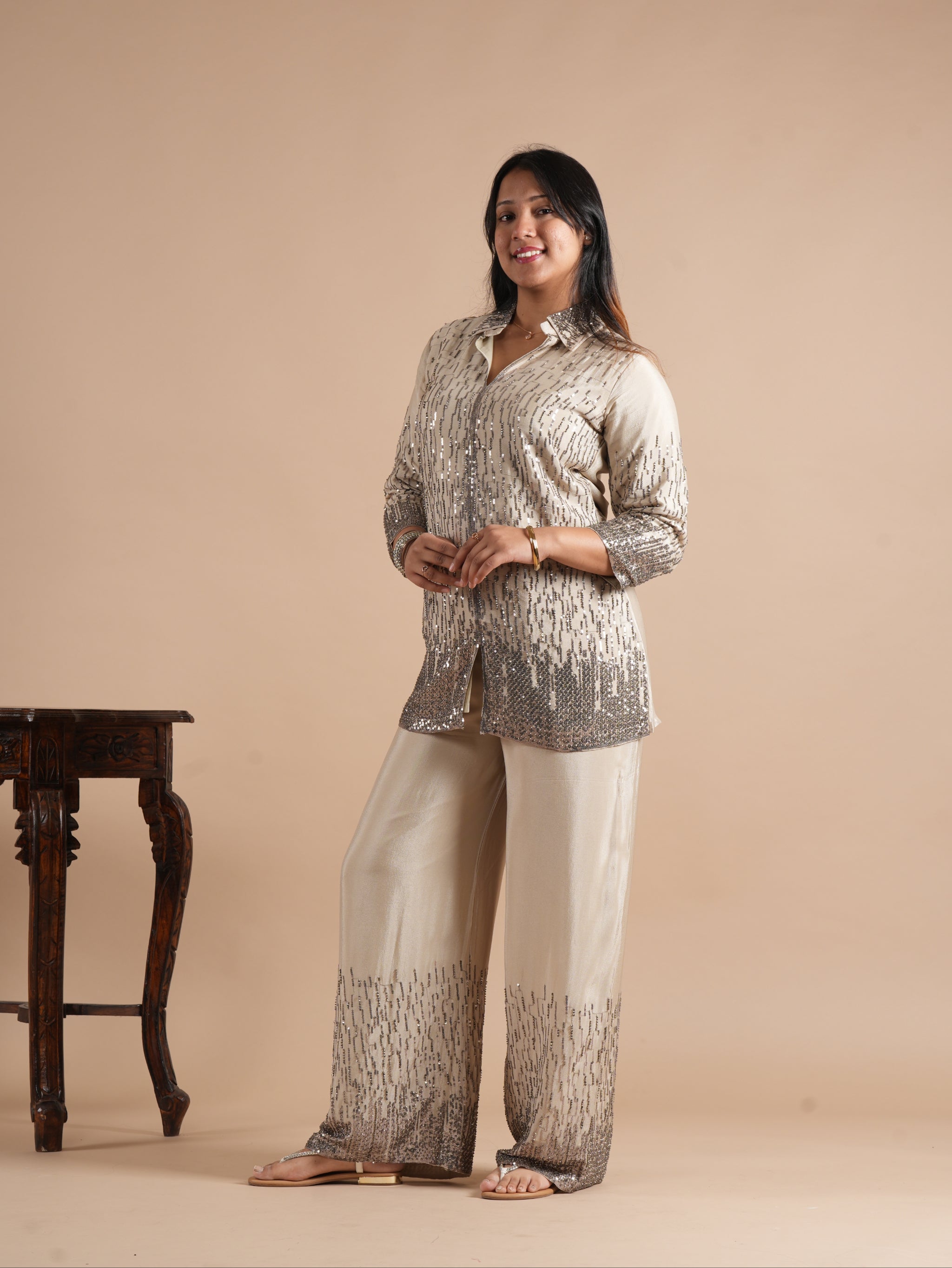 Noorva's Chinon Sequins Work Co-ord Set | Glitter Ombre Sequin Shirt Kurta with Wide Leg Plazzo | 2-Piece Party Wear Ethnic Coord Set | Cocktail, Wedding & Festive Night Outfit for Women