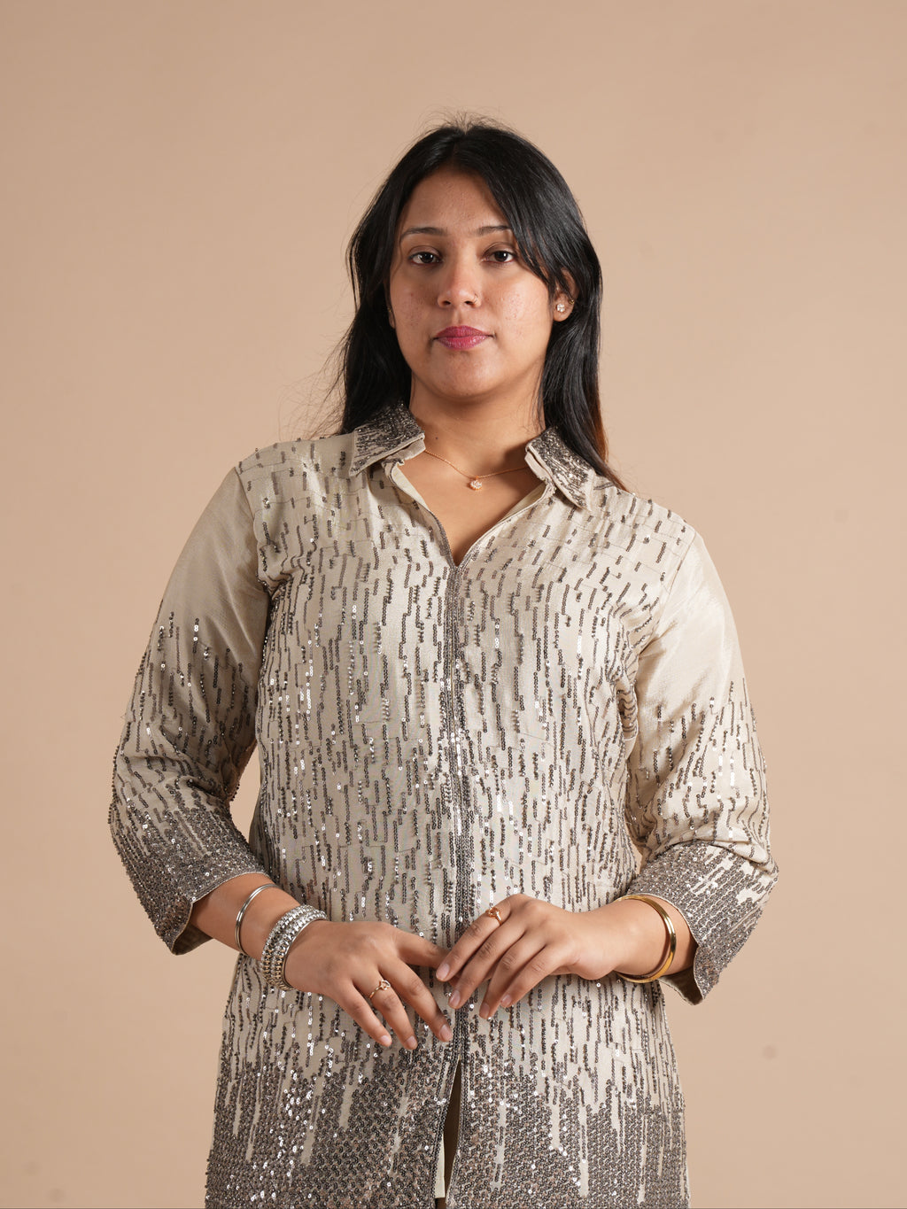 Noorva's Chinon Sequins Work Co-ord Set | Glitter Ombre Sequin Shirt Kurta with Wide Leg Plazzo | 2-Piece Party Wear Ethnic Coord Set | Cocktail, Wedding & Festive Night Outfit for Women