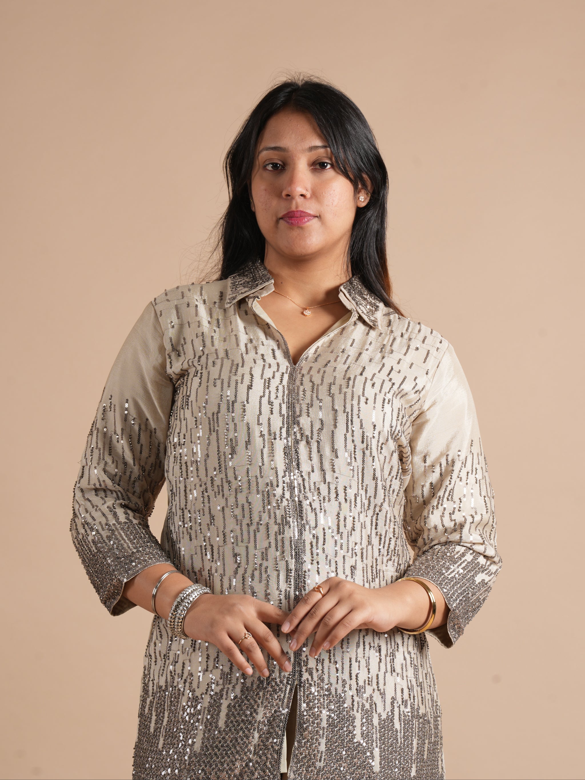 Noorva's Chinon Sequins Work Co-ord Set | Glitter Ombre Sequin Shirt Kurta with Wide Leg Plazzo | 2-Piece Party Wear Ethnic Coord Set | Cocktail, Wedding & Festive Night Outfit for Women