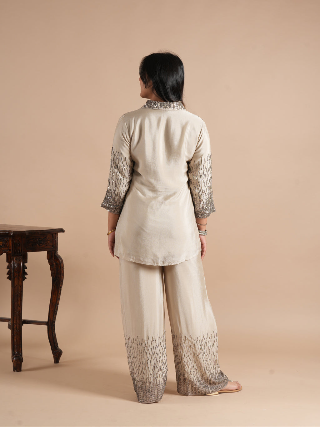 Noorva's Chinon Sequins Work Co-ord Set | Glitter Ombre Sequin Shirt Kurta with Wide Leg Plazzo | 2-Piece Party Wear Ethnic Coord Set | Cocktail, Wedding & Festive Night Outfit for Women