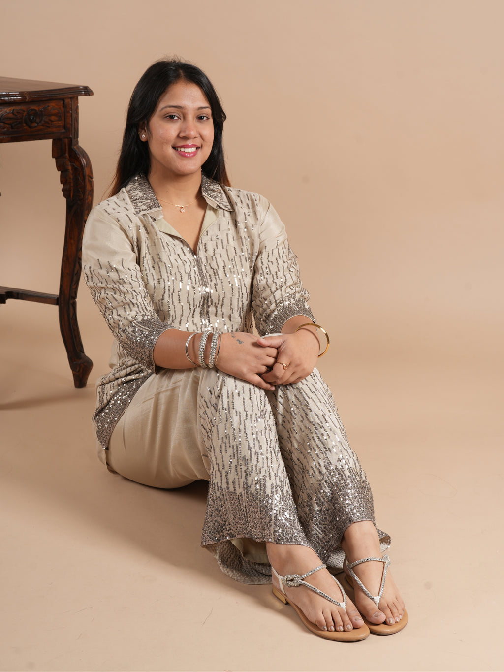 Noorva's Chinon Sequins Work Co-ord Set | Glitter Ombre Sequin Shirt Kurta with Wide Leg Plazzo | 2-Piece Party Wear Ethnic Coord Set | Cocktail, Wedding & Festive Night Outfit for Women