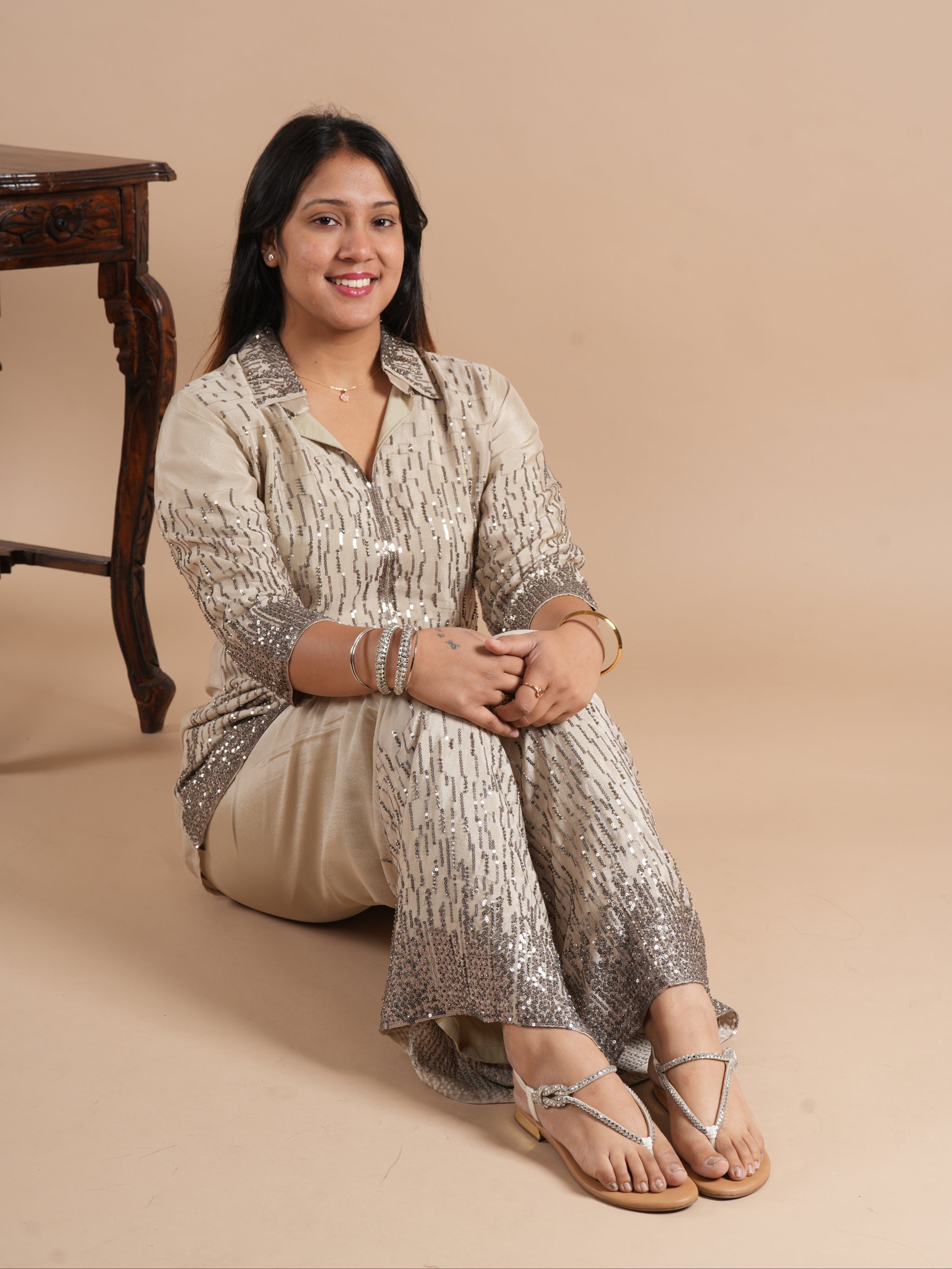 Noorva's Chinon Sequins Work Co-ord Set | Glitter Ombre Sequin Shirt Kurta with Wide Leg Plazzo | 2-Piece Party Wear Ethnic Coord Set | Cocktail, Wedding & Festive Night Outfit for Women
